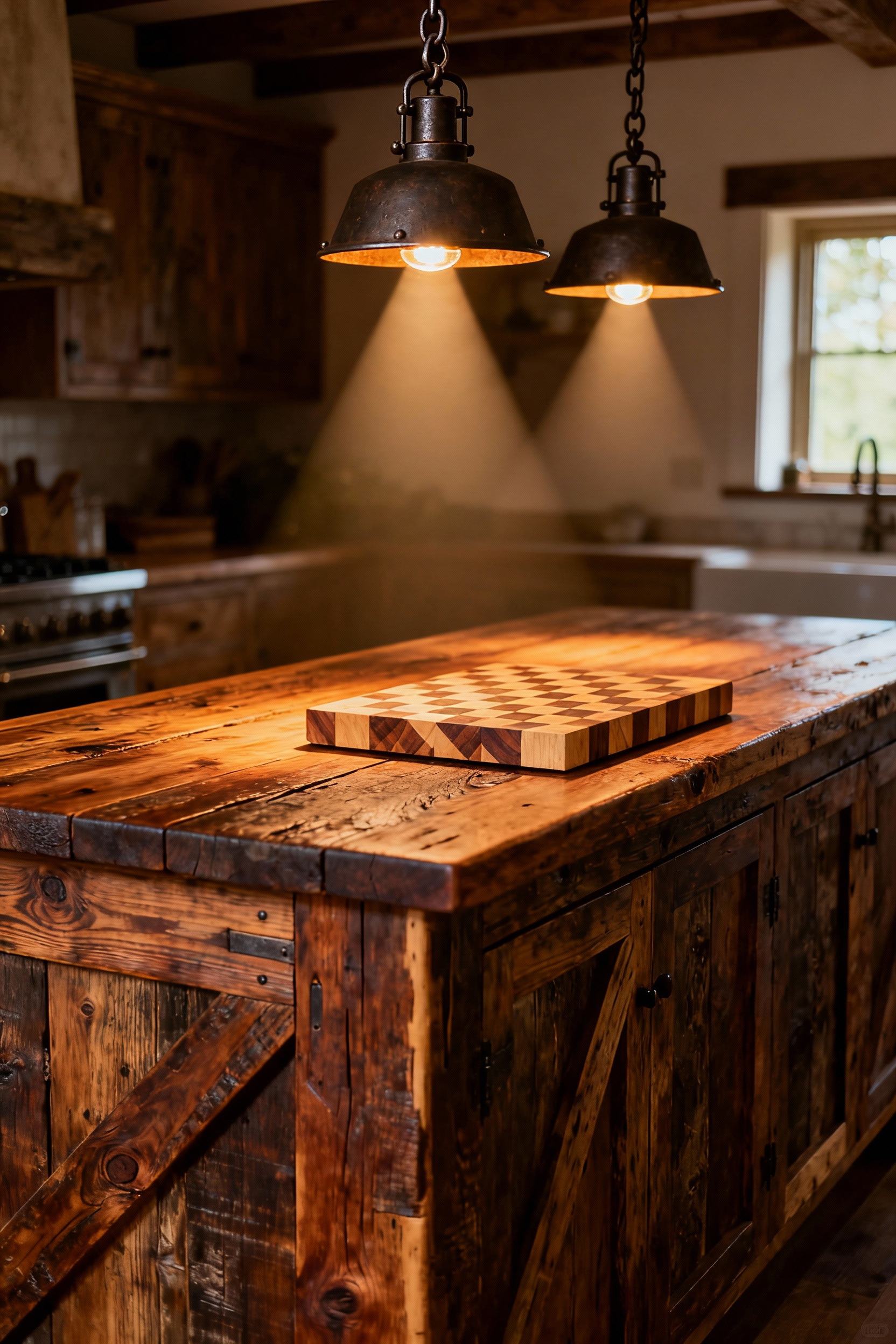 Portrait view of a farmhouse kitchen island featuring task-specific lighting that highlights the reclaimed timber, intricate joinery, and end-grain chopping block.