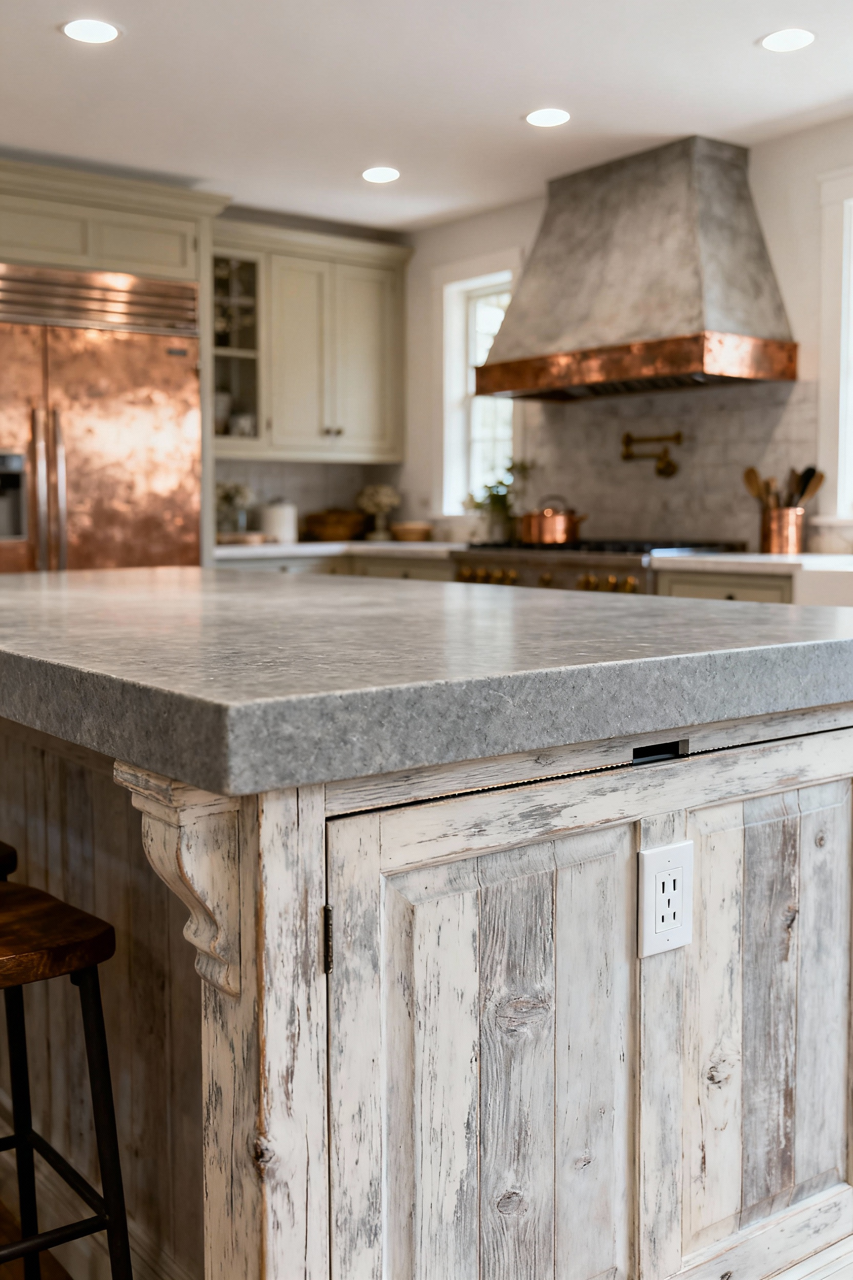 Farmhouse kitchen island with a hidden, flush-mounted power outlet on a stone countertop, showcasing seamless integration for discreet connectivity.