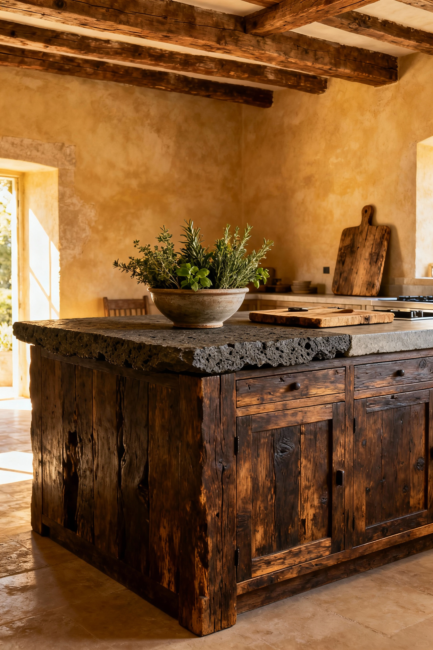 Provençal grande table used as a central farmhouse kitchen island, made from reclaimed oak and lava stone, with traditional joinery.