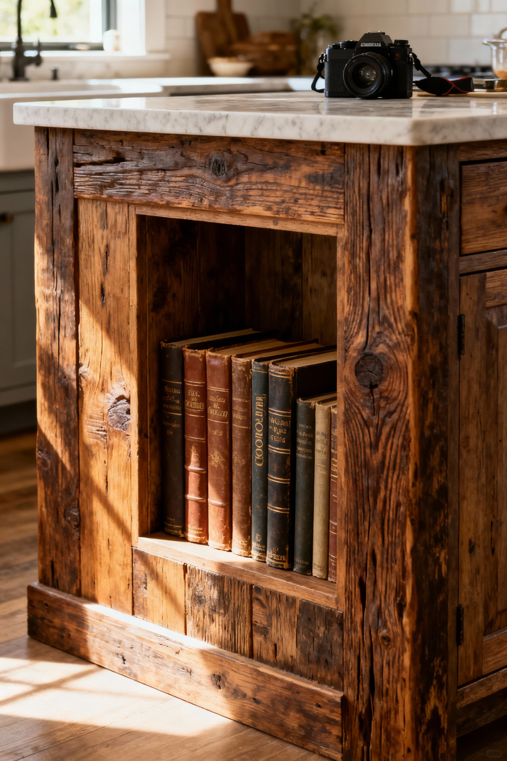 Farmhouse kitchen island with integrated cookbook alcove, showcasing traditional cookbooks beautifully displayed in a bespoke timber design, enhancing kitchen aesthetic.