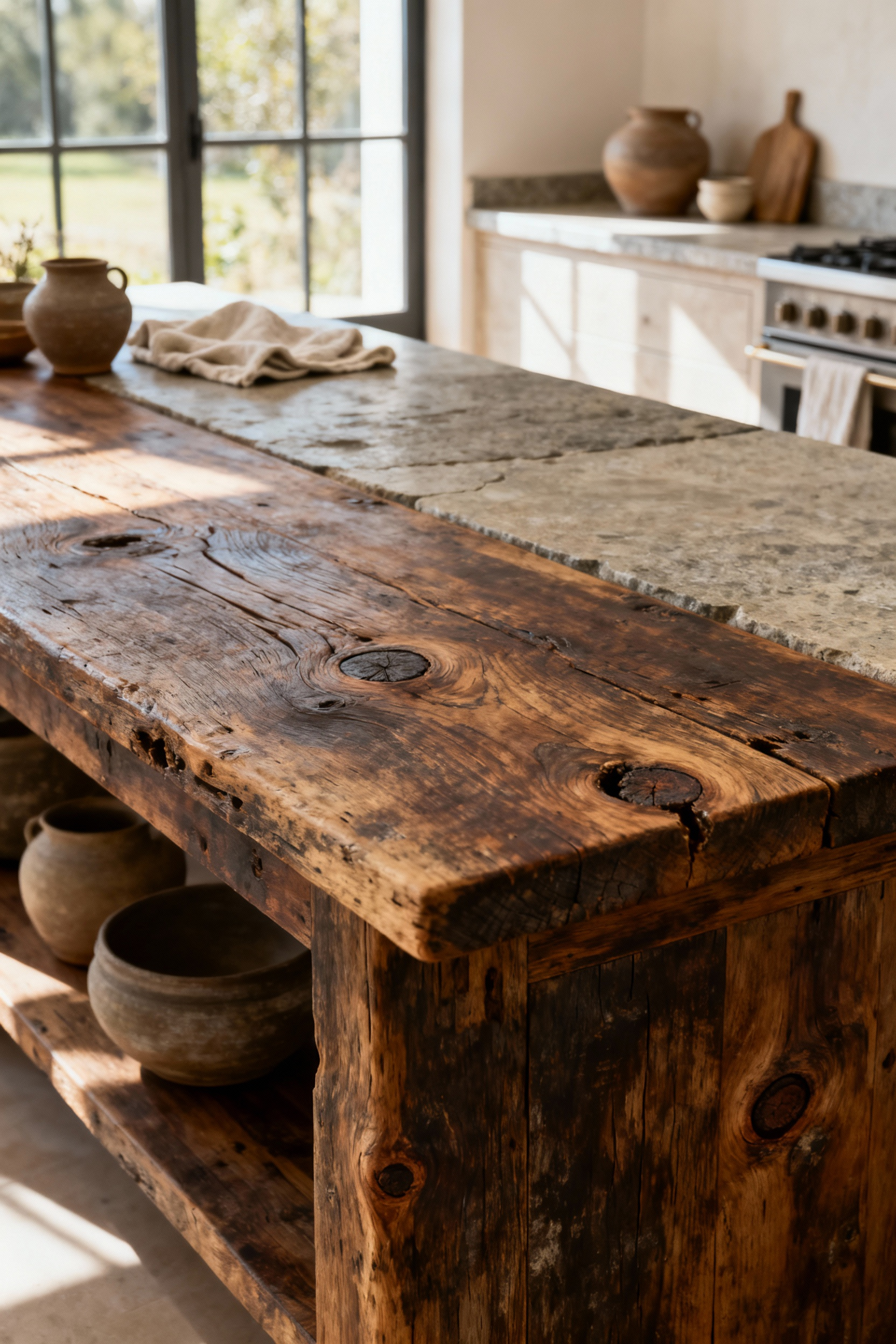Rustic farmhouse kitchen island showcasing a Wabi-Sabi aesthetic with richly weathered and patinated reclaimed oak wood, unpolished stone countertop, and natural light, evoking serene imperfection.