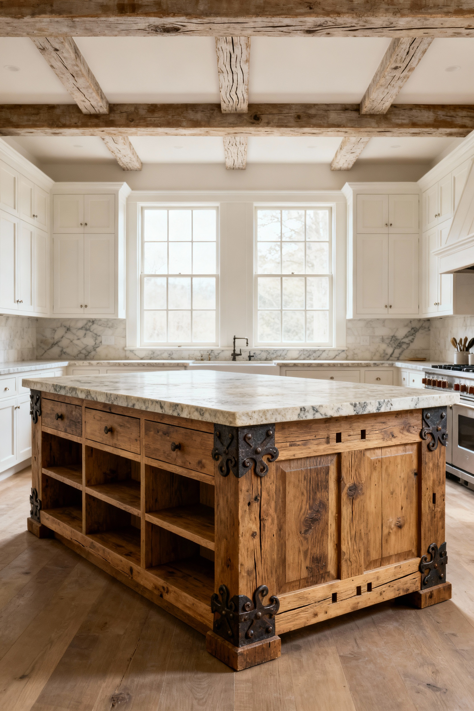 A stately farmhouse kitchen island designed with purposeful symmetry, featuring a honed soapstone countertop, quartersawn oak base with traditional joinery, and wrought iron details, serving as a modern working hearth in a bright kitchen.