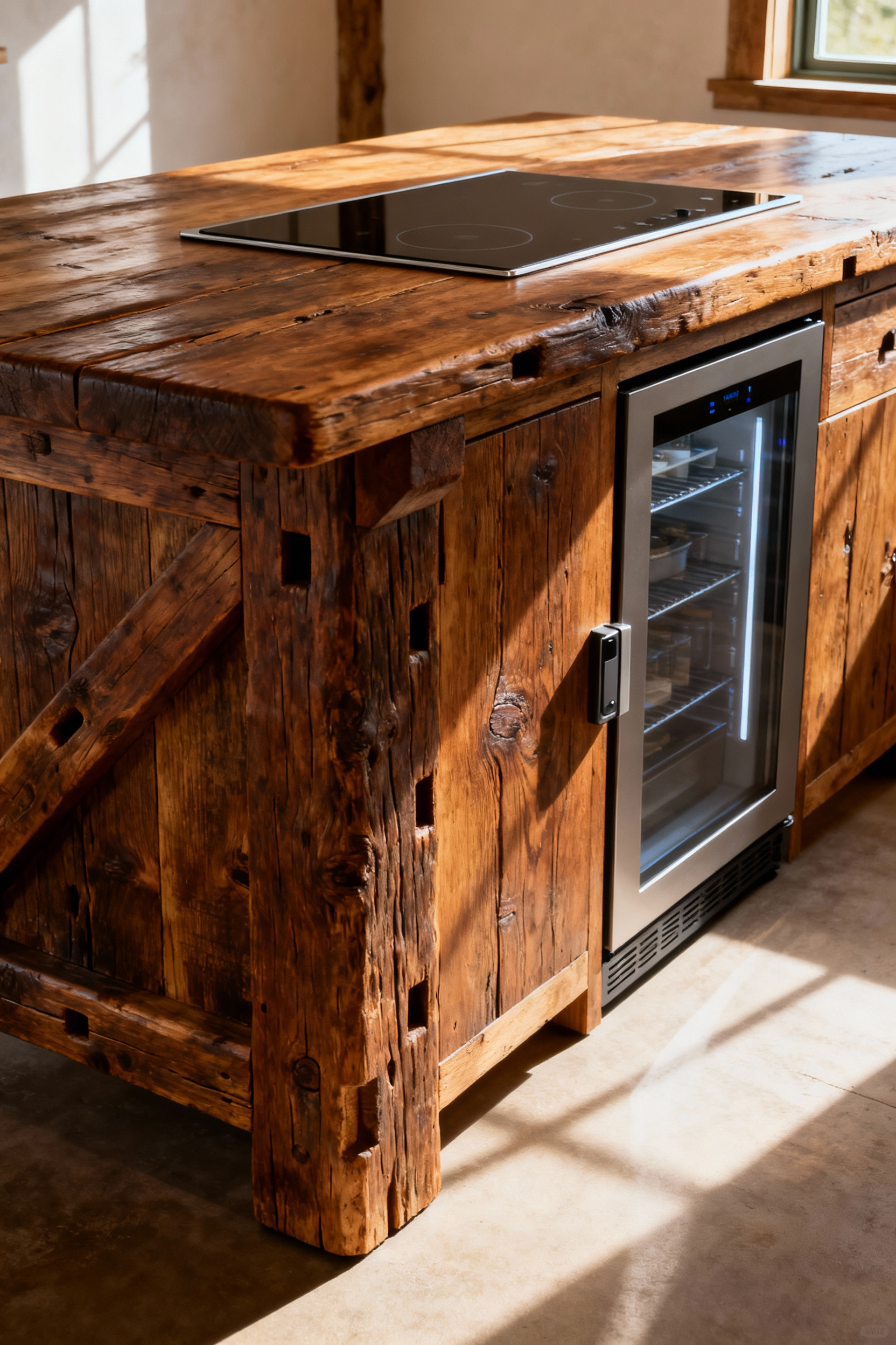 Elegant farmhouse kitchen island, blending pre-industrial design with modern induction cooktop and hidden smart storage in reclaimed chestnut, showcasing timeless appeal.