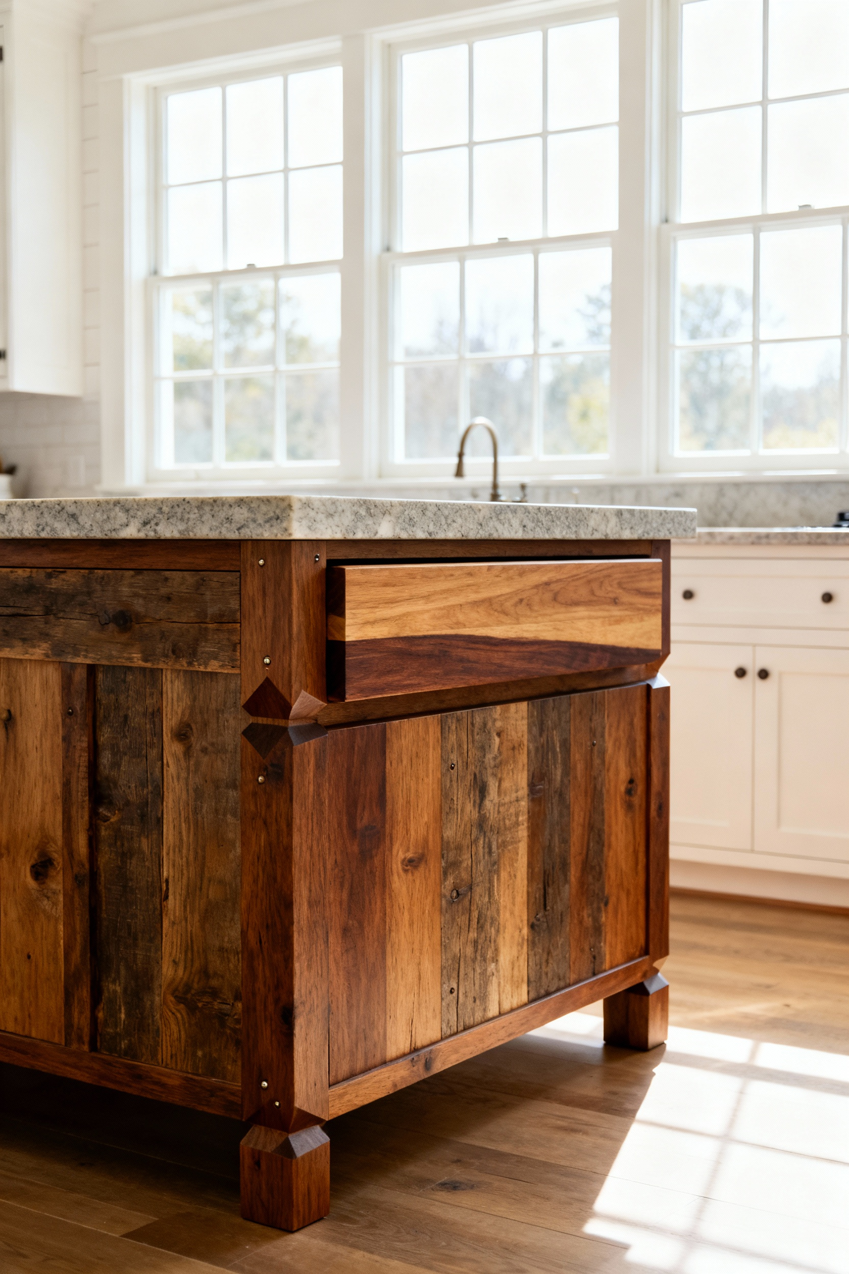 Portrait view of a stylish modular farmhouse kitchen island made from reclaimed wood and natural stone, highlighting its adaptable design and artisanal craftsmanship in a well-lit kitchen.