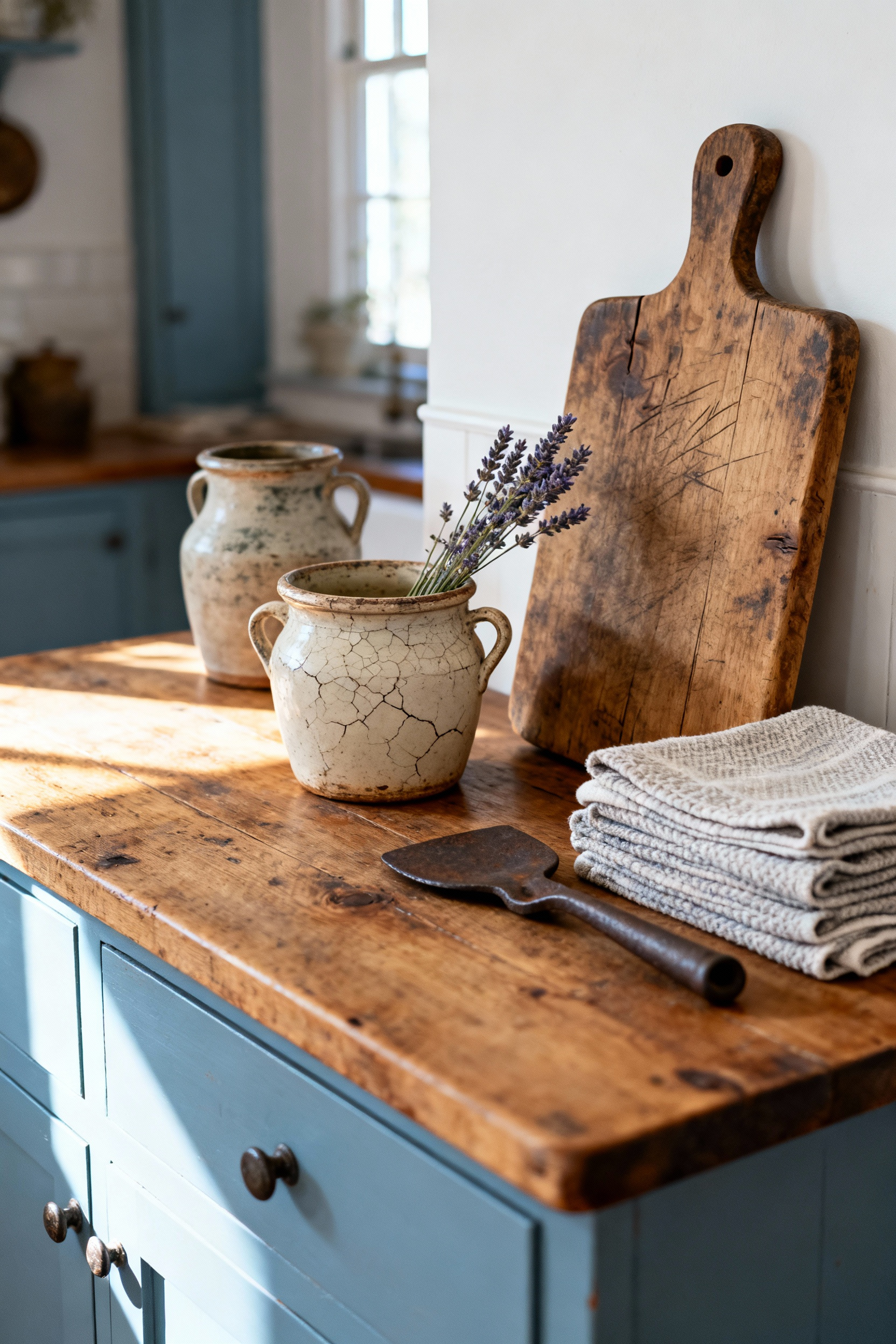 Farmhouse kitchen island styled with antique ceramic confit pot, vintage stoneware crock, and aged wooden trencher board under natural light, showcasing inherited charm through curated decorative artifacts.