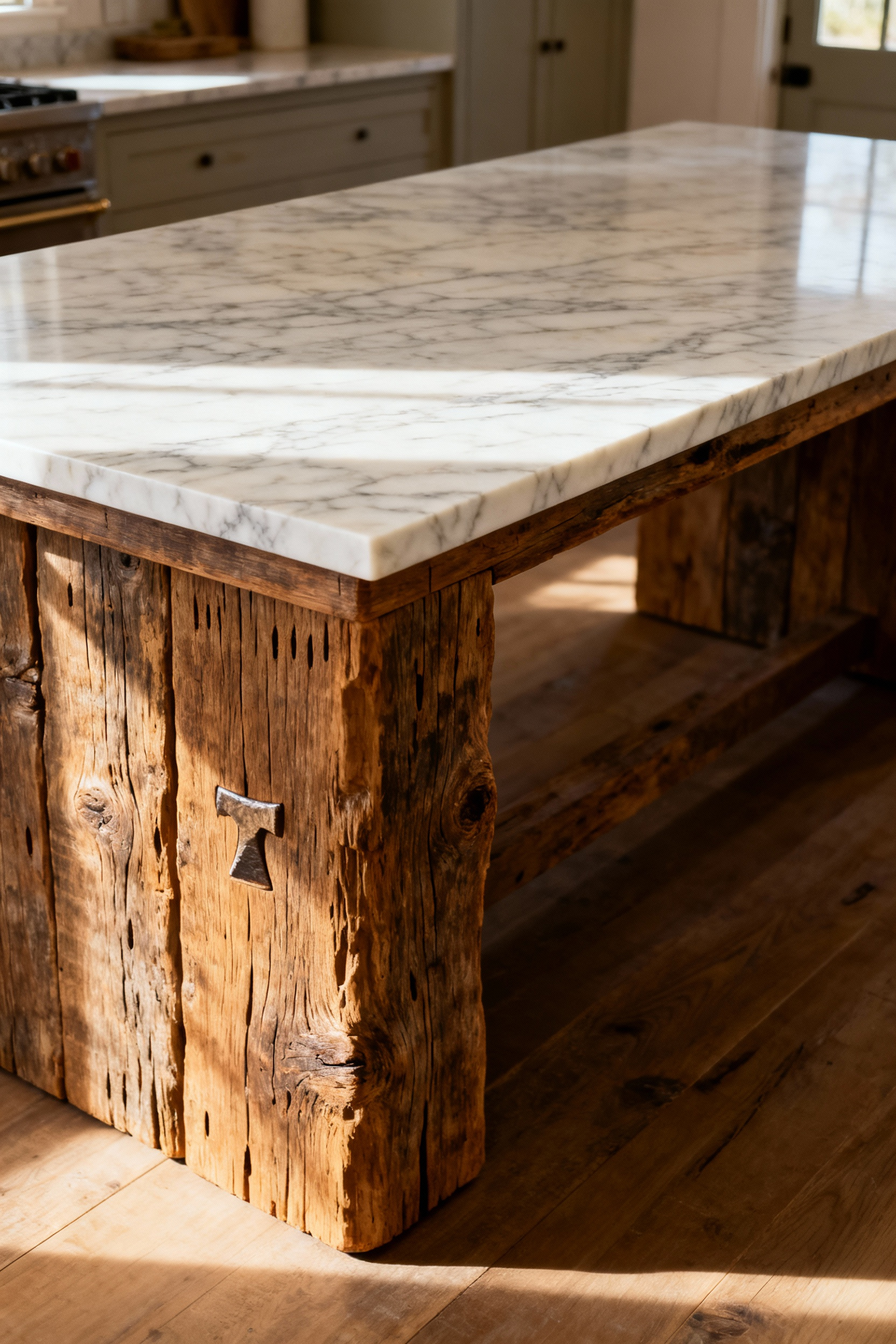 Farmhouse kitchen island showcasing a base made of hand-hewn wood beams supporting a polished natural stone countertop, emphasizing textural contrast and artisanal craftsmanship.