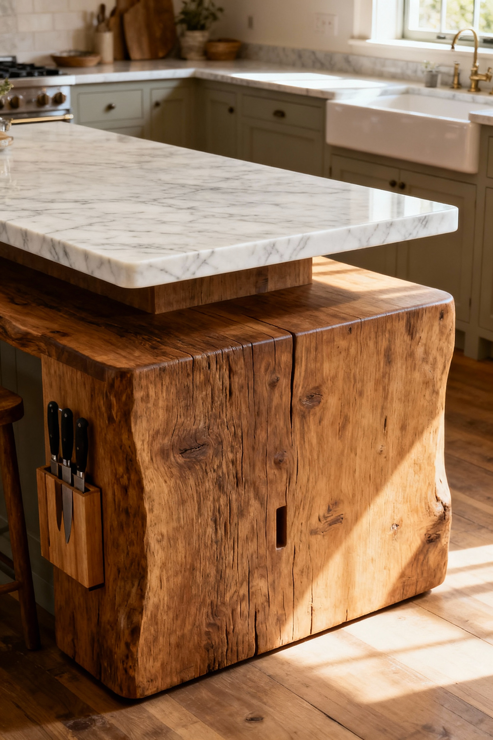 Bi-level farmhouse kitchen island featuring a lower oak prep surface and an elevated marble bar for social interaction, showcasing distinct zones.