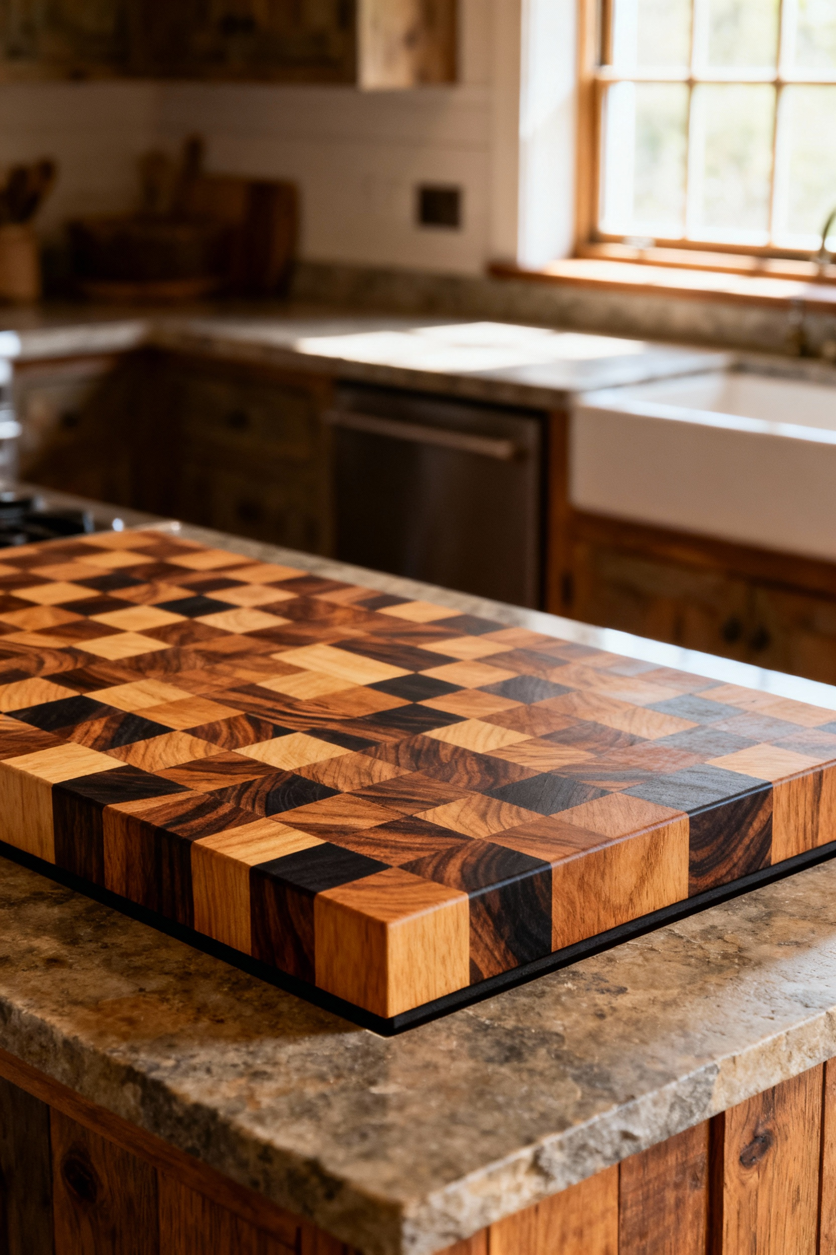 Integrated end-grain butcher block on a farmhouse kitchen island, showcasing the durable, intricate wood pattern and warm tones in natural light.