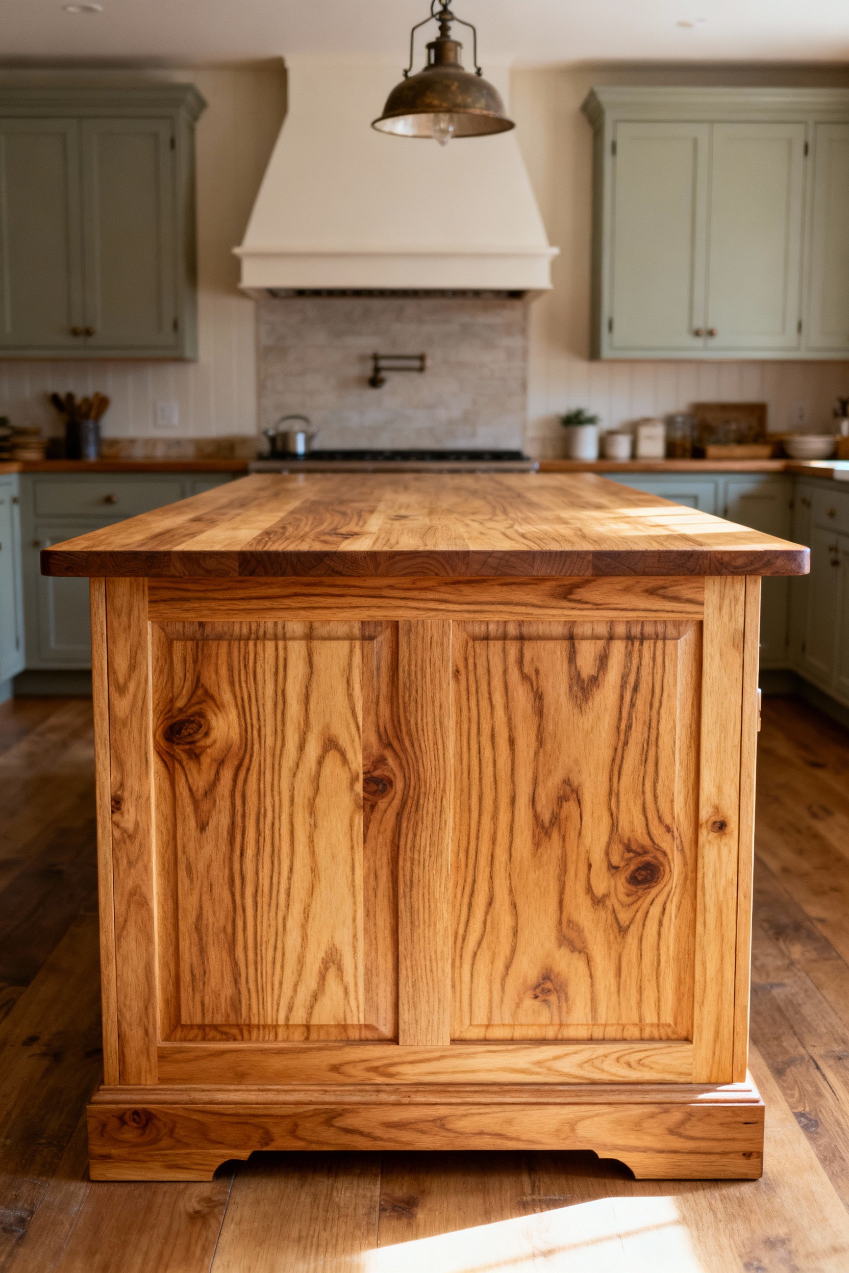 A farmhouse kitchen island made from White Oak native hardwood, showing off its natural grain and durable finish in a warm kitchen setting.