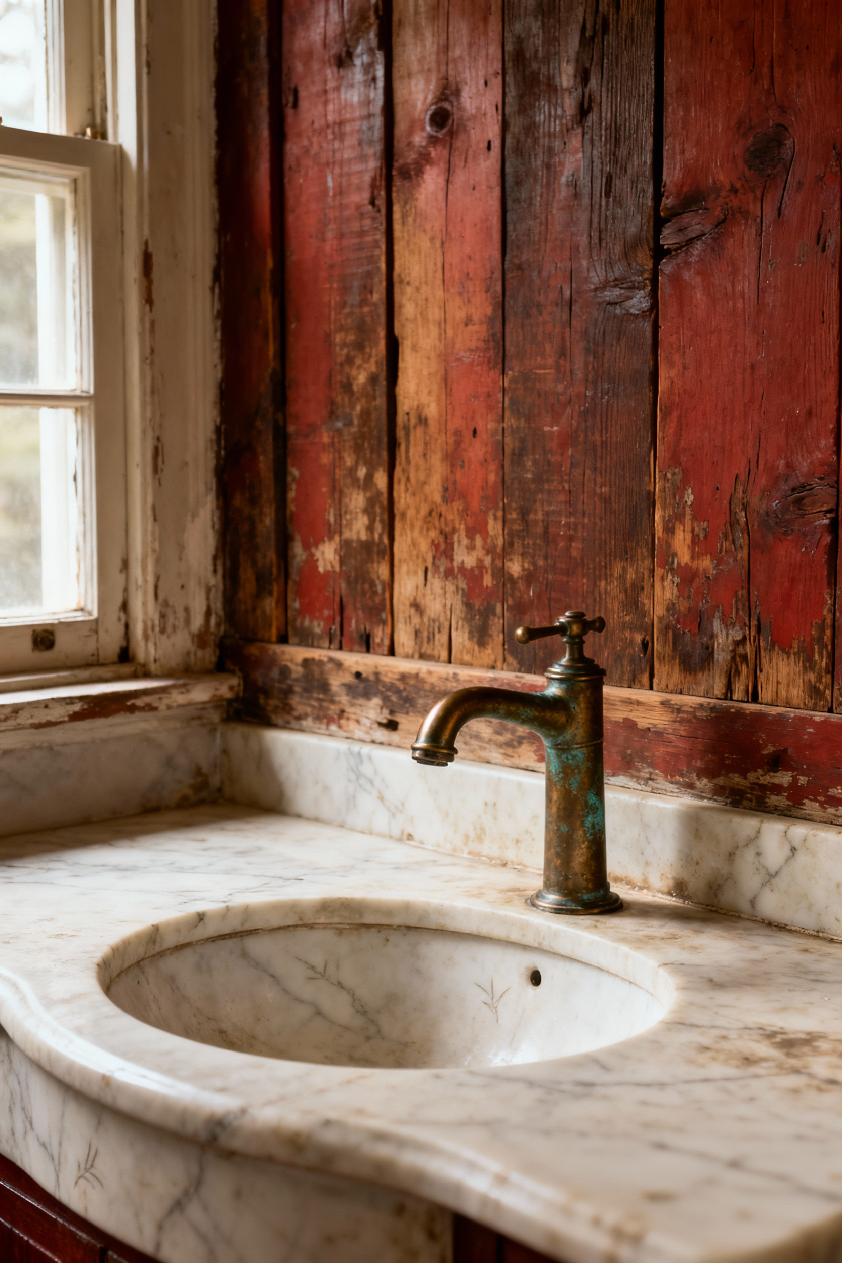 Luxurious vintage bathroom featuring a weathered marble vanity, a patinated bronze faucet, and unvarnished reclaimed redwood paneling, showcasing wabi-sabi aesthetics with natural aged imperfections.
