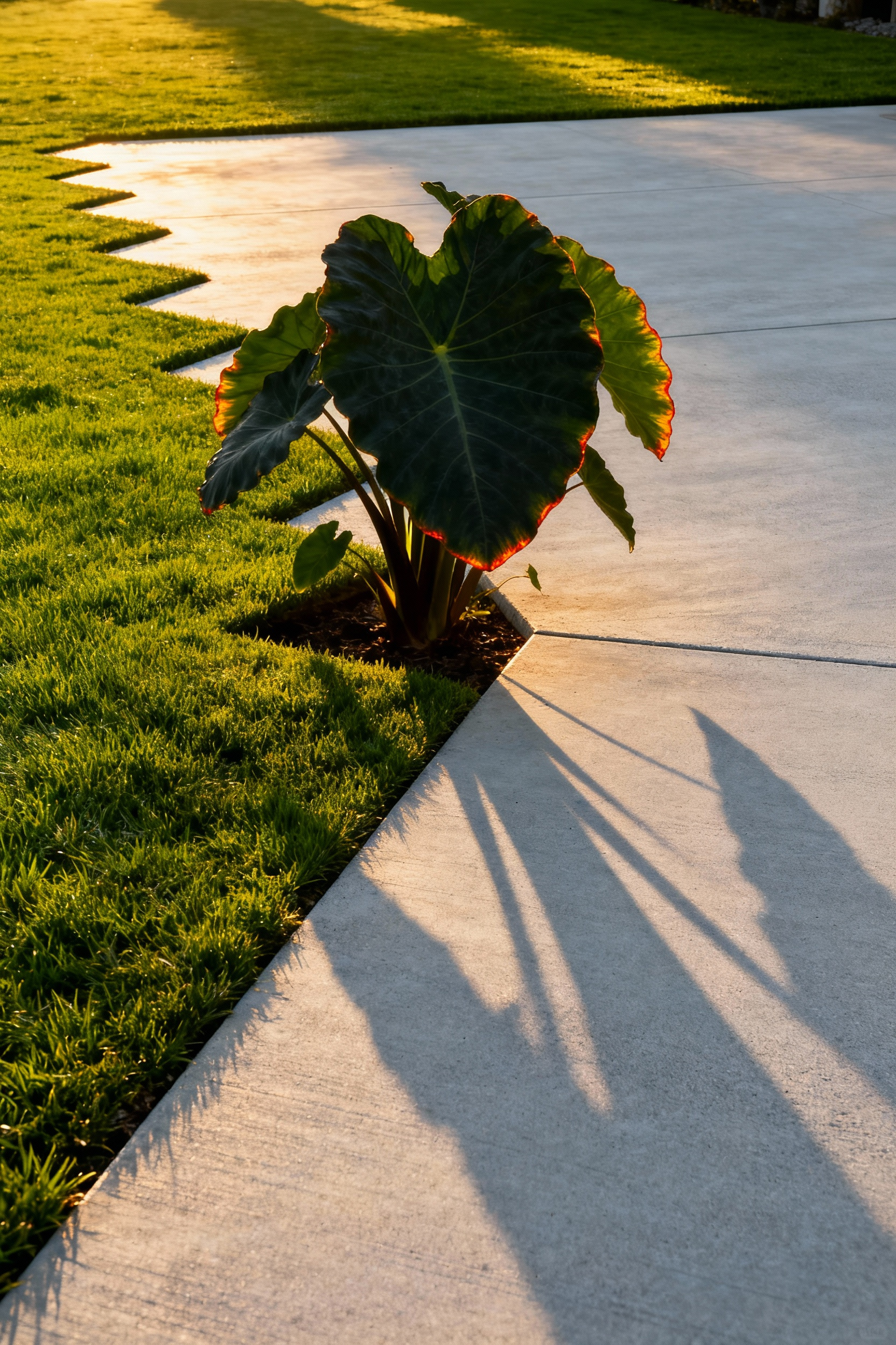 A giant Alocasia elephant ear plant placed as a dramatic architectural element on the corner of a meticulously maintained green lawn bordered by modern gray concrete hardscaping.