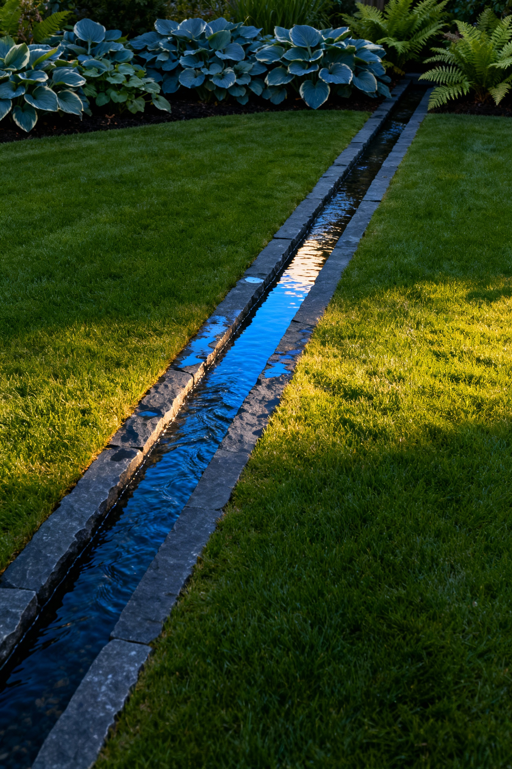 A narrow, linear recirculating water rill made of dark stone divides a lush green lawn, illustrating evaporative cooling architecture in a modern garden design.