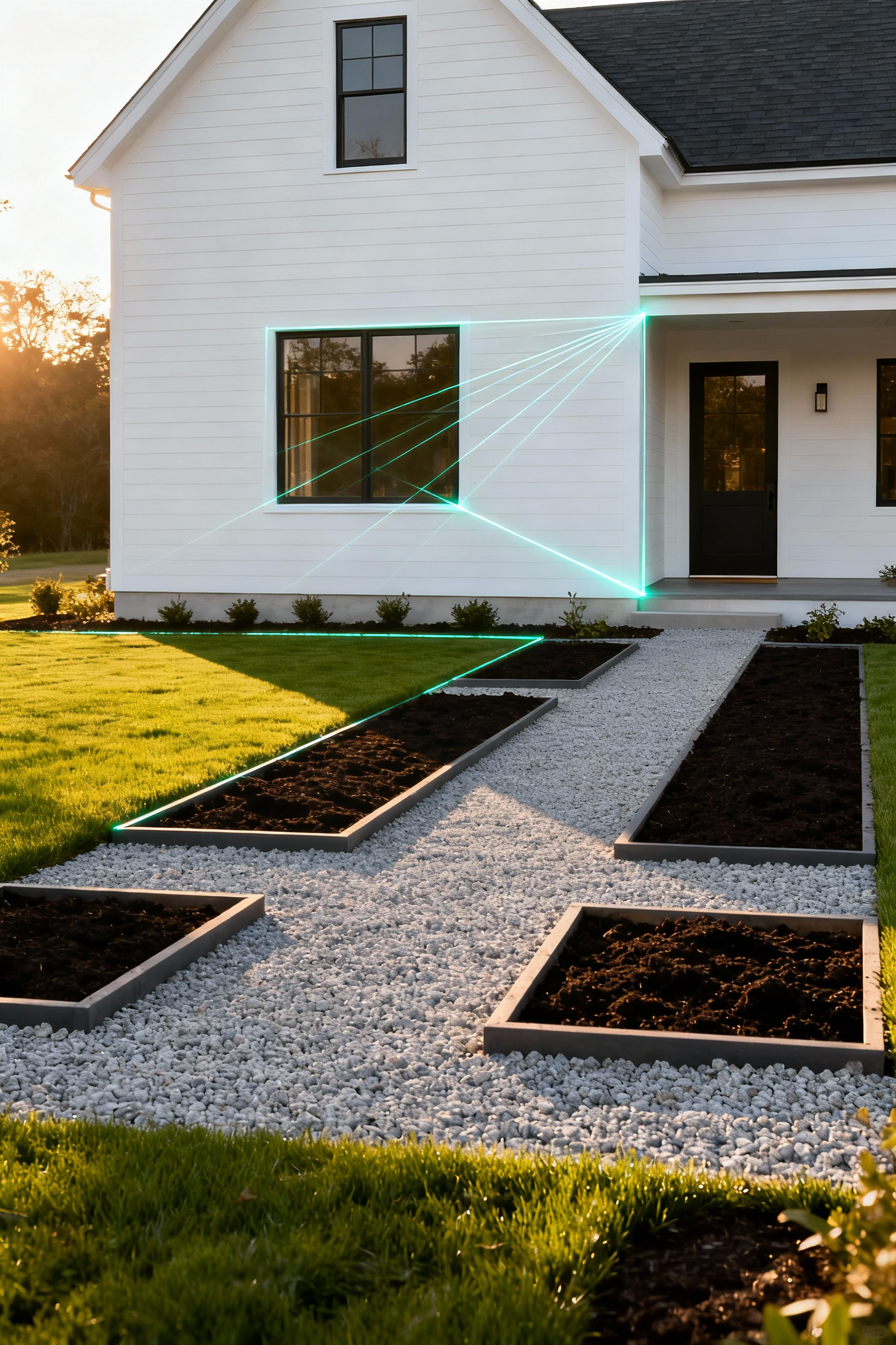 A photograph illustrating landscape planning where geometric laser lines extend from a modern farmhouse facade to define the sharp boundaries of the lawn and pathways.