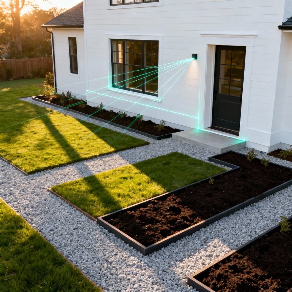 A photograph illustrating landscape planning where geometric laser lines extend from a modern farmhouse facade to define the sharp boundaries of the lawn and pathways.
