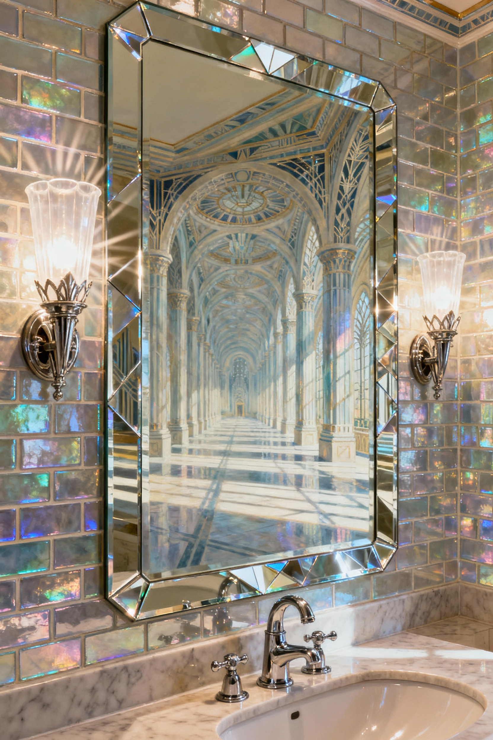 An opulent Art Deco vintage bathroom featuring architectural trompe l'oeil, where a large beveled mirror reflects light from elegant sconces and iridescent tiles, creating an illusion of expansive and luminous space.