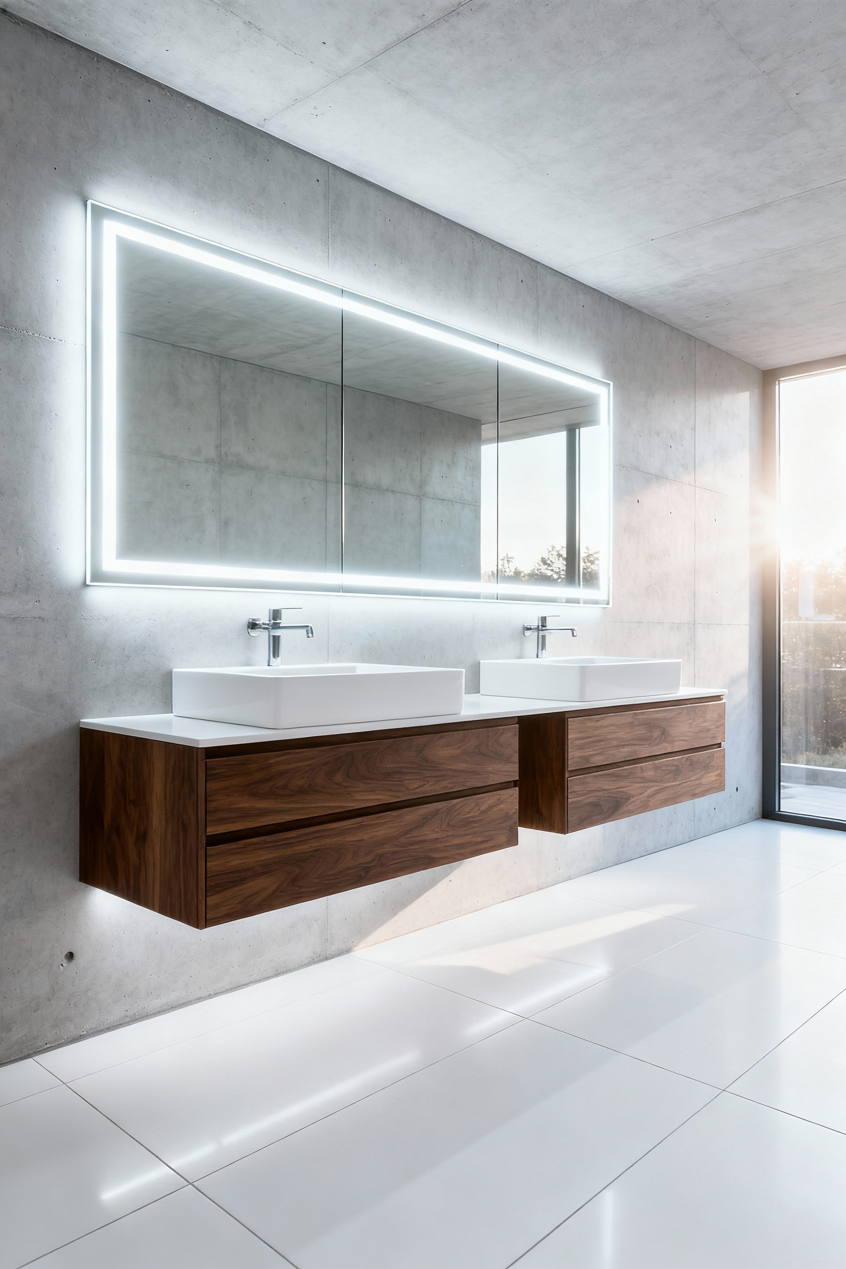 Modern master bathroom showcasing bright, cool-toned circadian lighting emanating from a backlit vanity mirror, ideal for morning use.