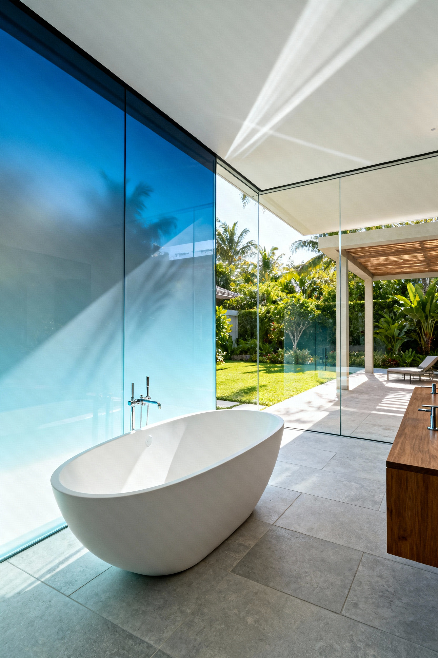 Luxurious master bathroom featuring a freestanding tub and a large electrochromic switchable privacy glass wall that is gradually tinting to maximize natural light and seclusion in a modern setting.