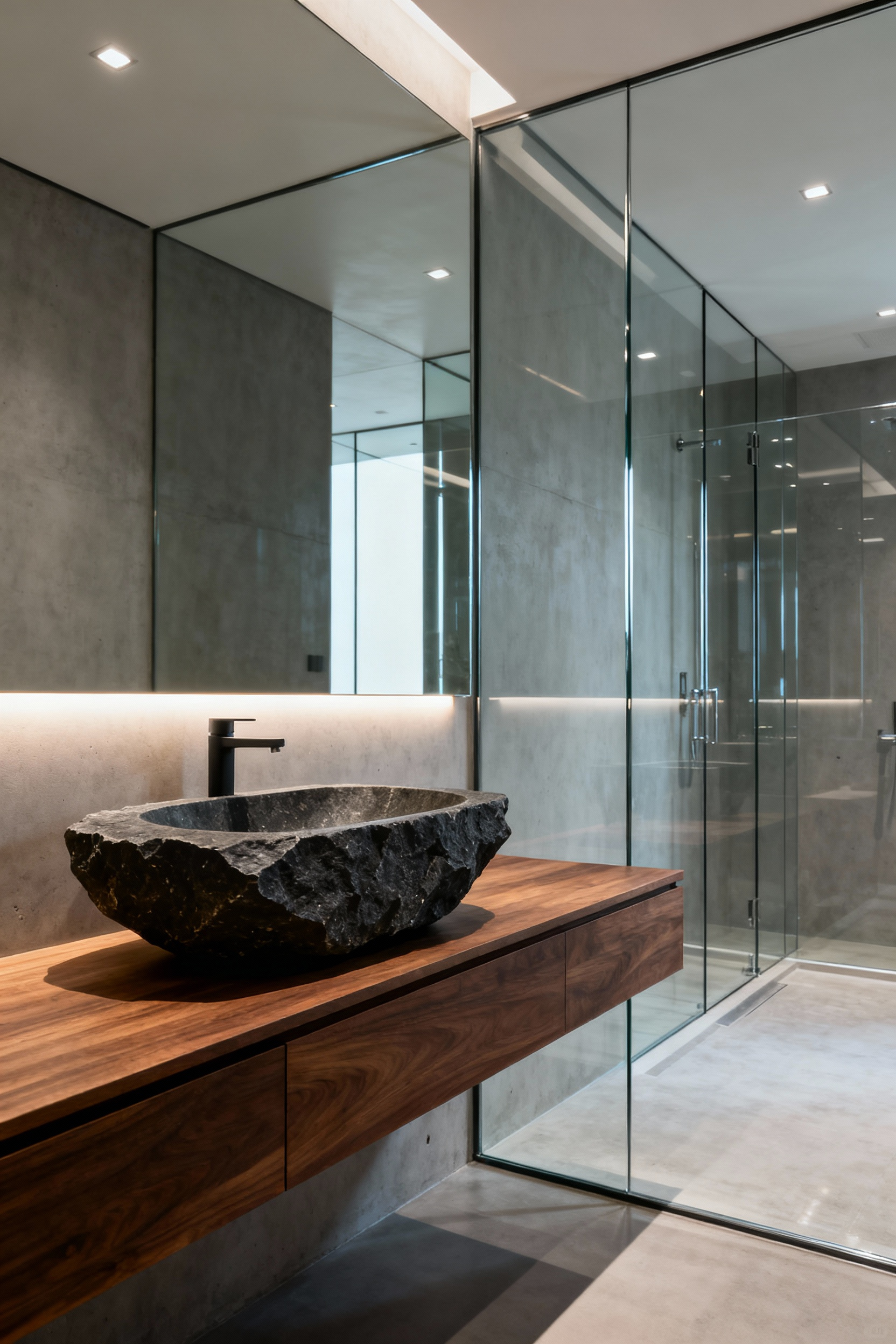 A modern luxury bathroom featuring extreme material contrast between a rough-hewn natural stone basin and a perfectly smooth, reflective smart glass shower partition.