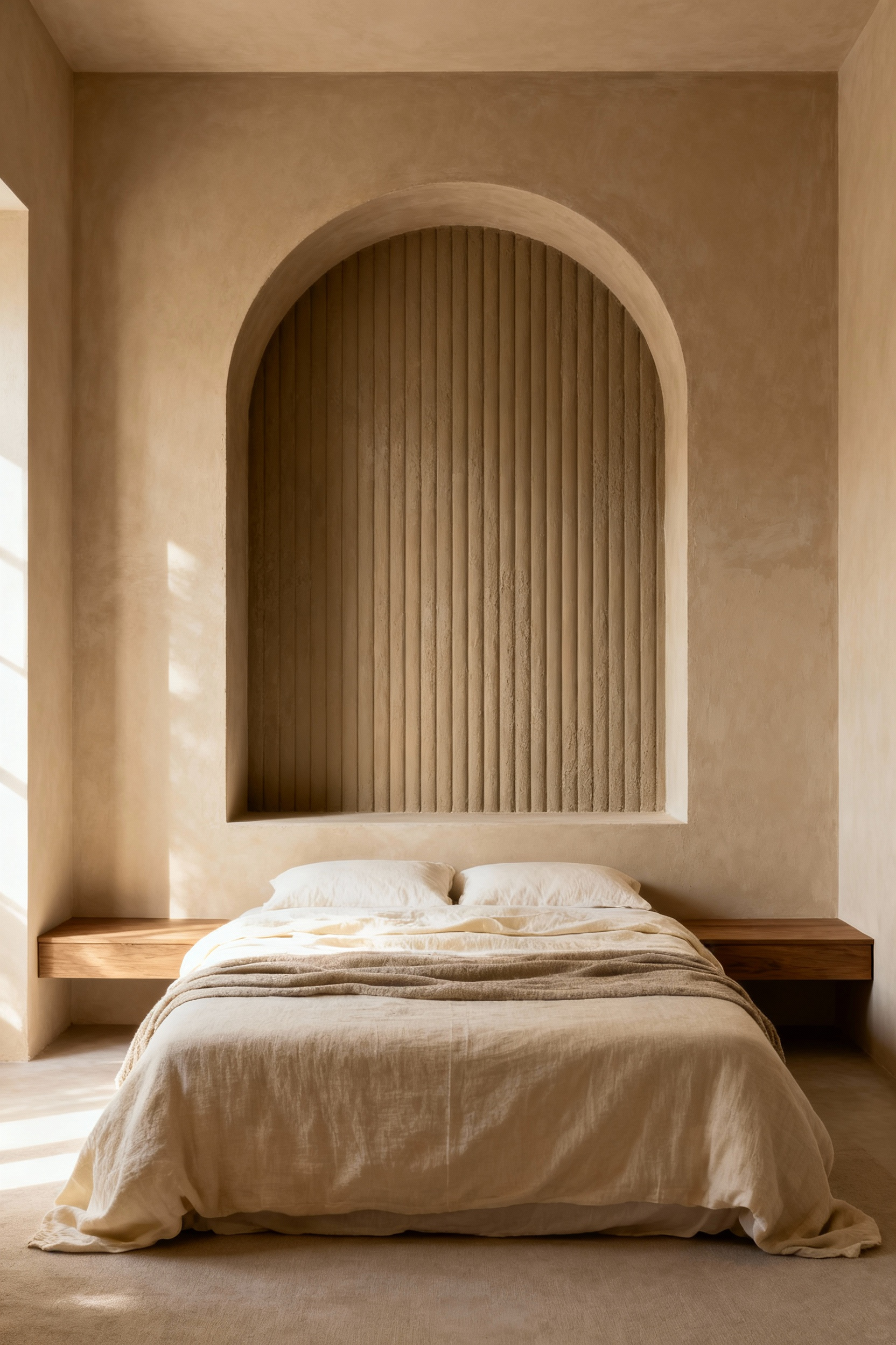 A serene beige bedroom featuring a king bed centered against a large architectural arched wall niche. The niche uses deeper beige fluted paneling to create depth and contrast against the smooth surrounding walls.