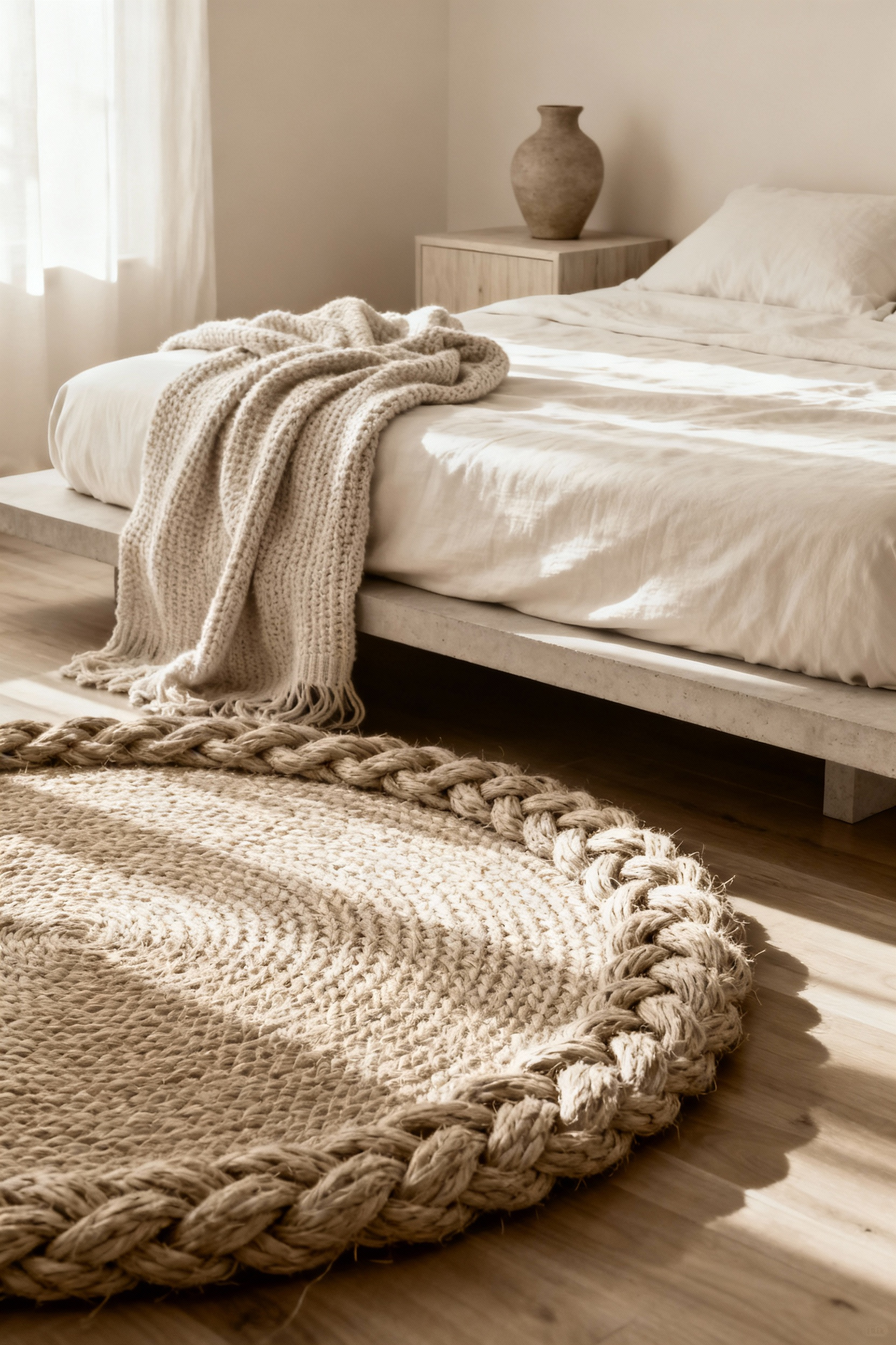Monochromatic beige bedroom featuring a low linen bed, anchored by a large, chunky braided jute rug that introduces earthy texture and visual depth.