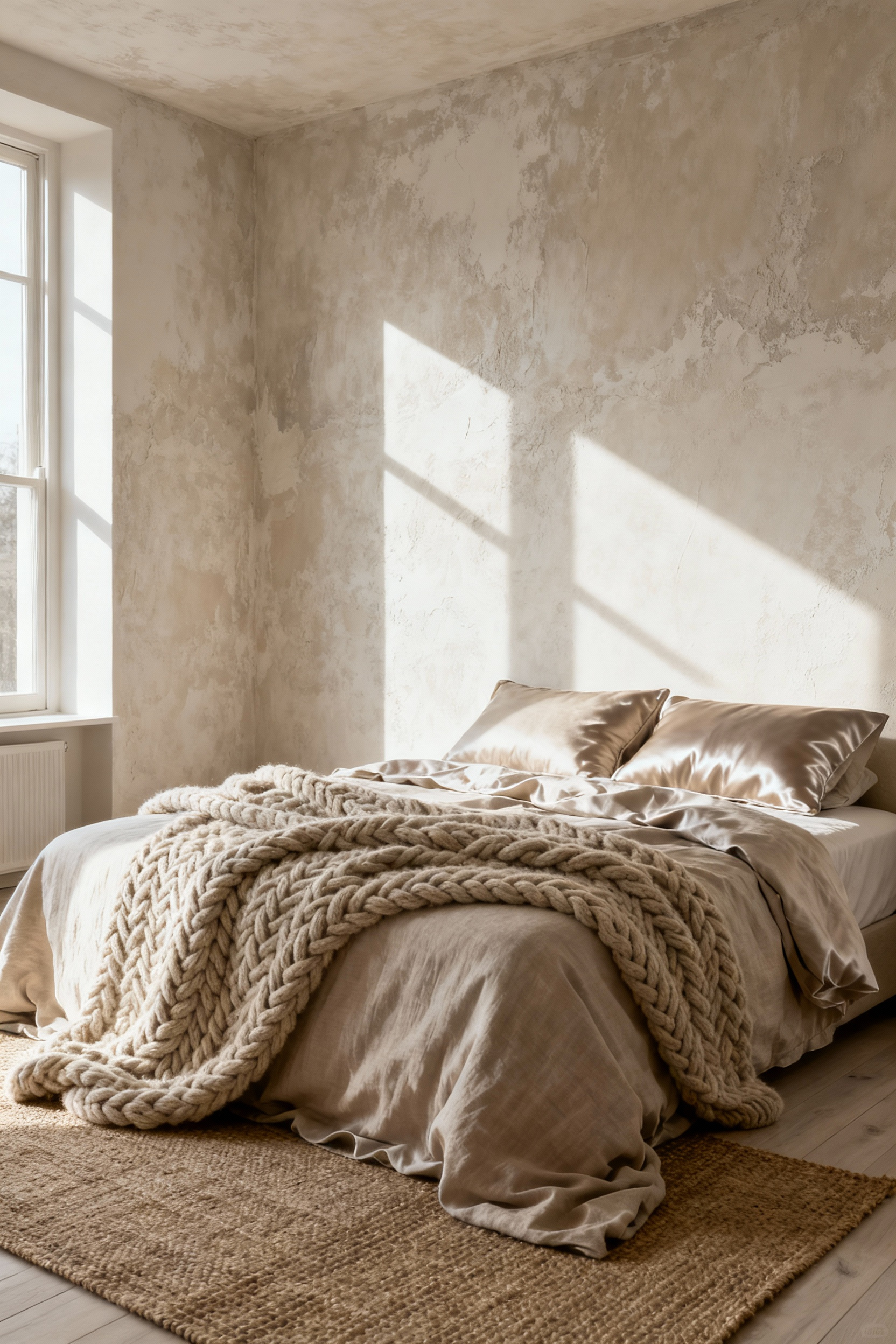 A luxurious beige bedroom featuring layered textures like cable-knit throws, linen bedding, and textured plaster walls, all emphasized by strong natural side-lighting.