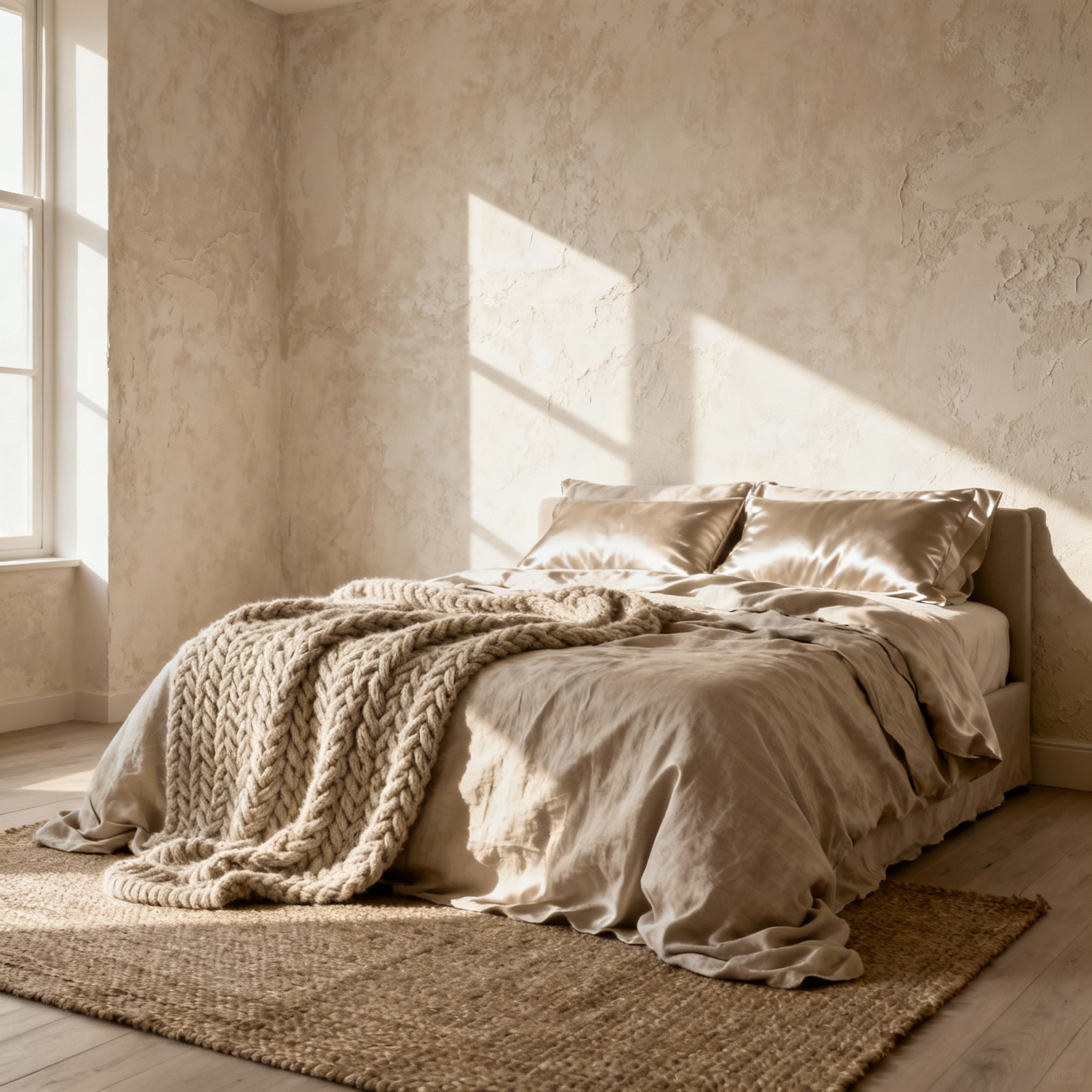 A luxurious beige bedroom featuring layered textures like cable-knit throws, linen bedding, and textured plaster walls, all emphasized by strong natural side-lighting.