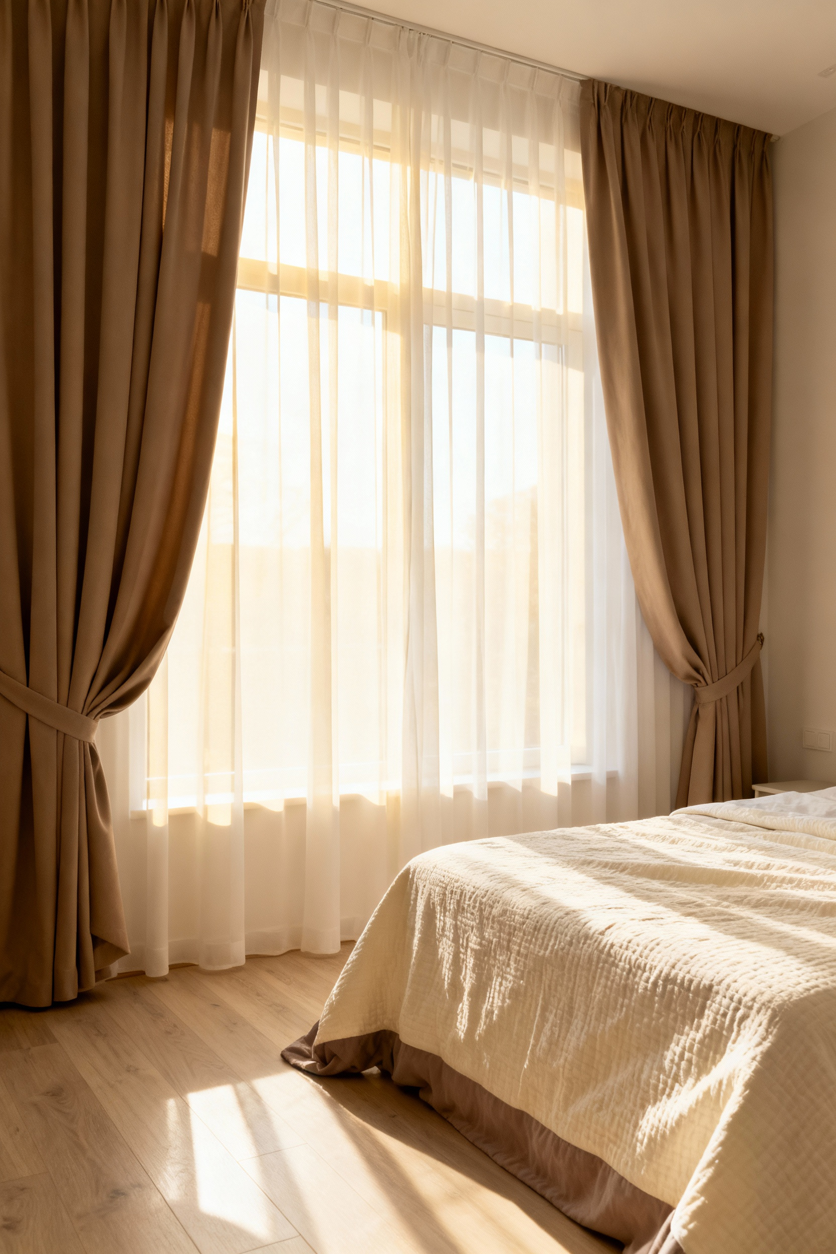 A serene beige bedroom showing a dual-layer window treatment system: sheer cream curtains filtering harsh light behind heavy mocha blackout drapes, demonstrating solar consciousness and thermal insulation.