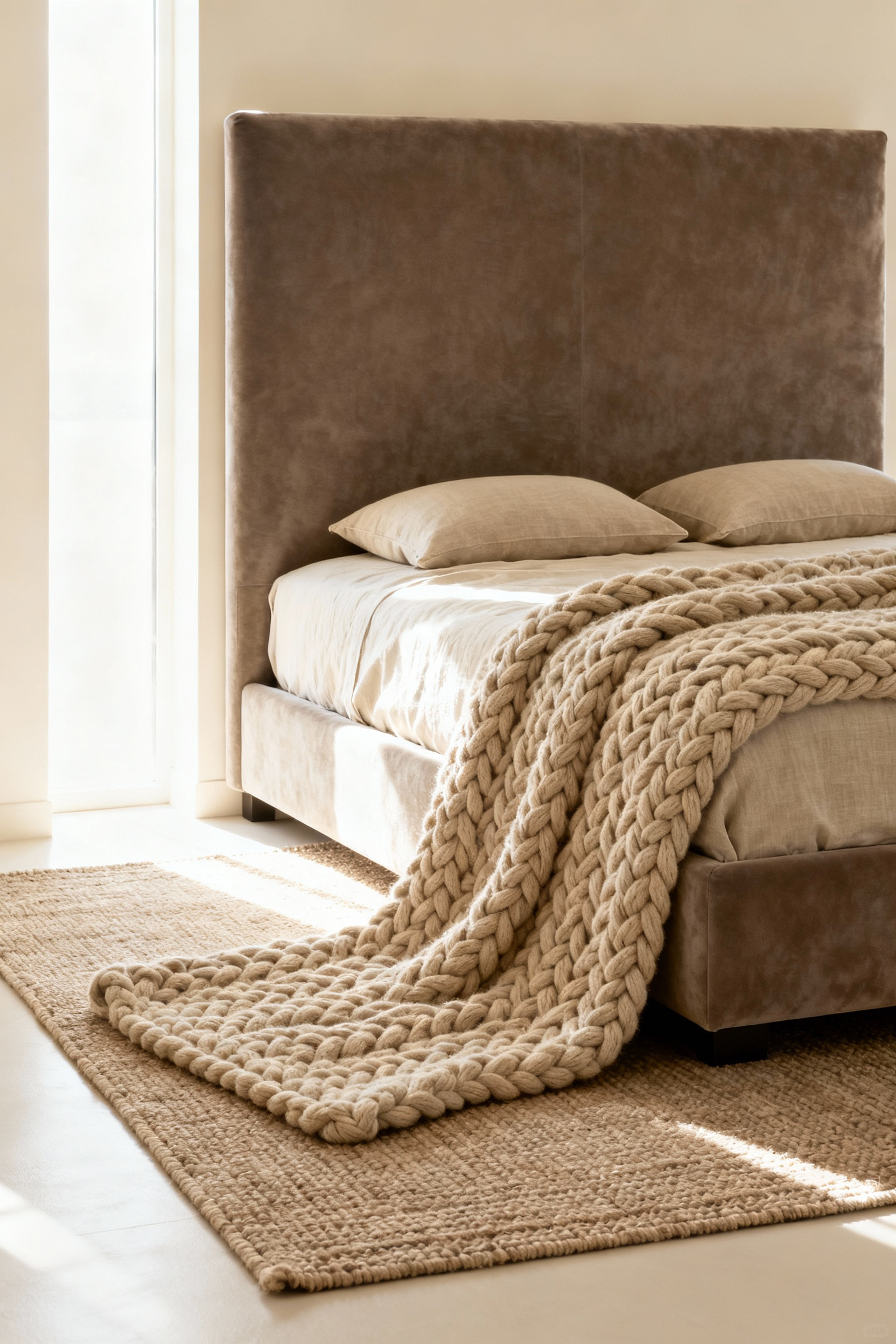 A monochromatic beige bedroom featuring ecru walls, a deep taupe area rug and headboard, and oatmeal textured linens and pillows, demonstrating clear tonal hierarchy and depth.