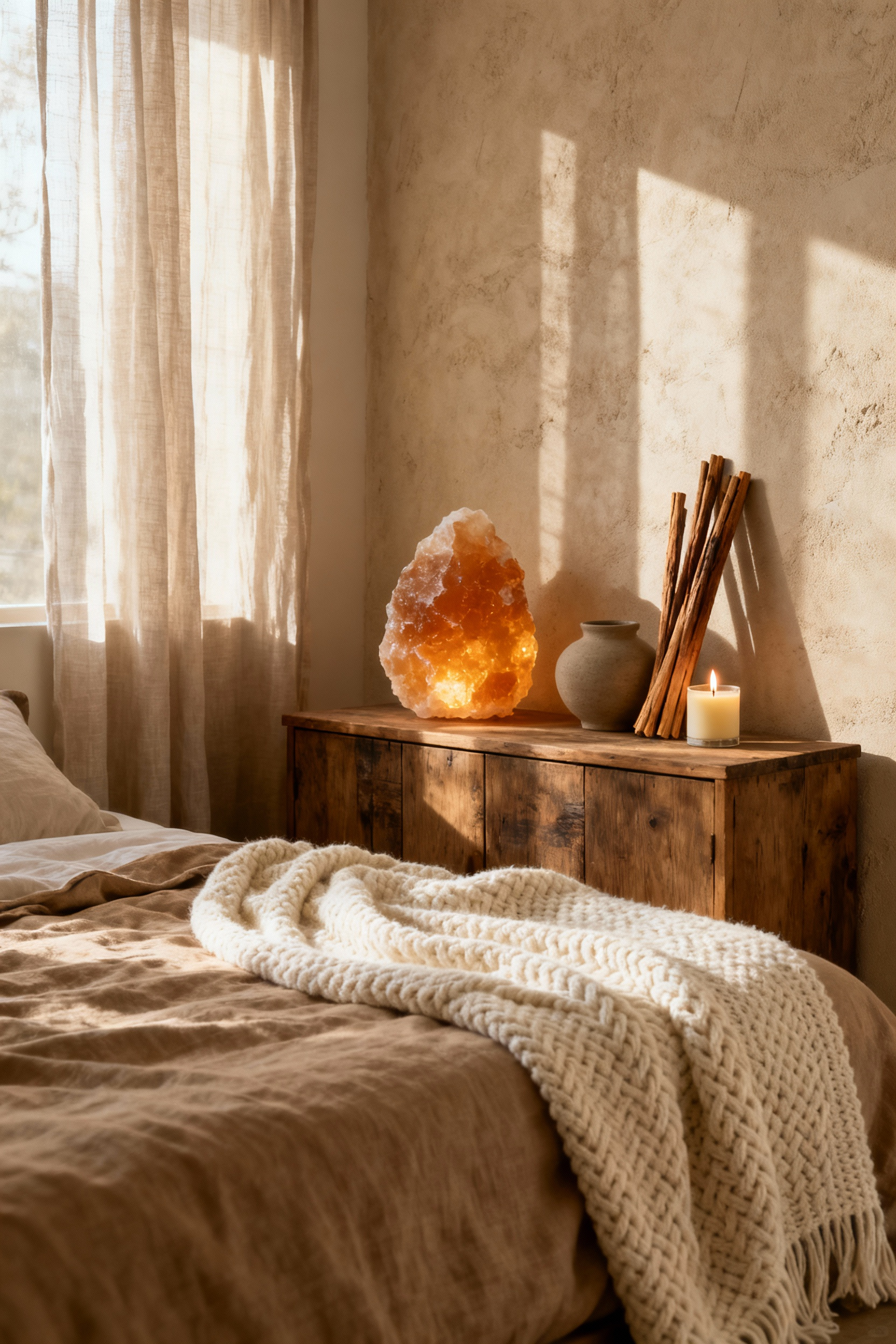 A serene beige bedroom showing layered textures and curated dry woods and amber scent elements displayed on a rustic wooden dresser, emphasizing sensory atmosphere.