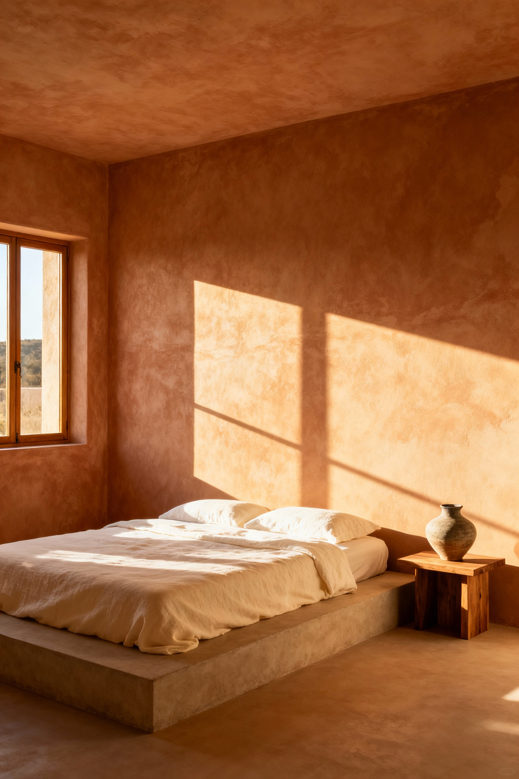 A bright minimalist bedroom featuring dusty beige limewash plaster walls that provide a velvety, organic texture and depth, illuminated by soft morning light.