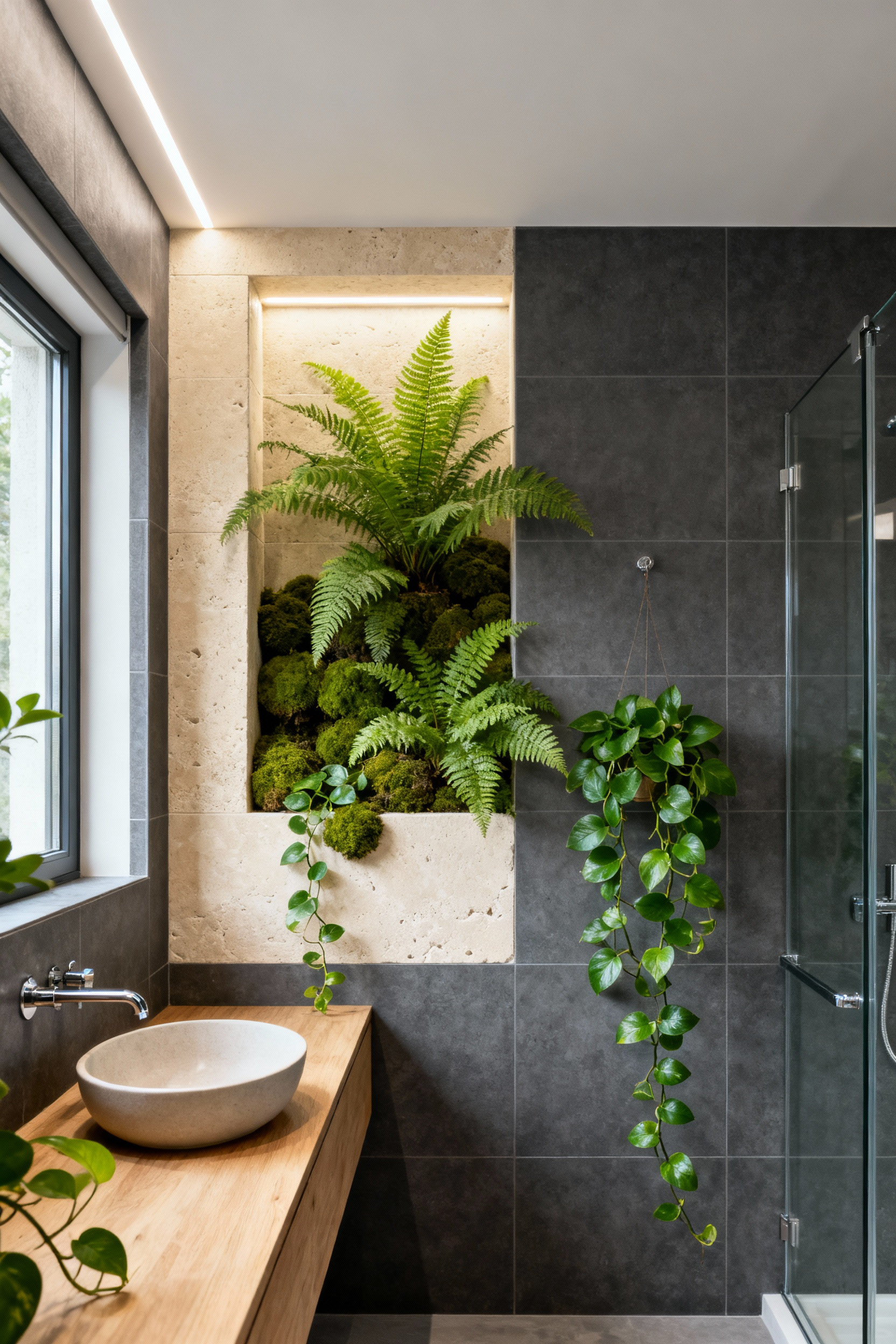 Dedicated biophilic niche with integrated LED lighting showcasing vibrant ferns and trailing plants set into a modern bathroom wall clad in large format slate gray tile.