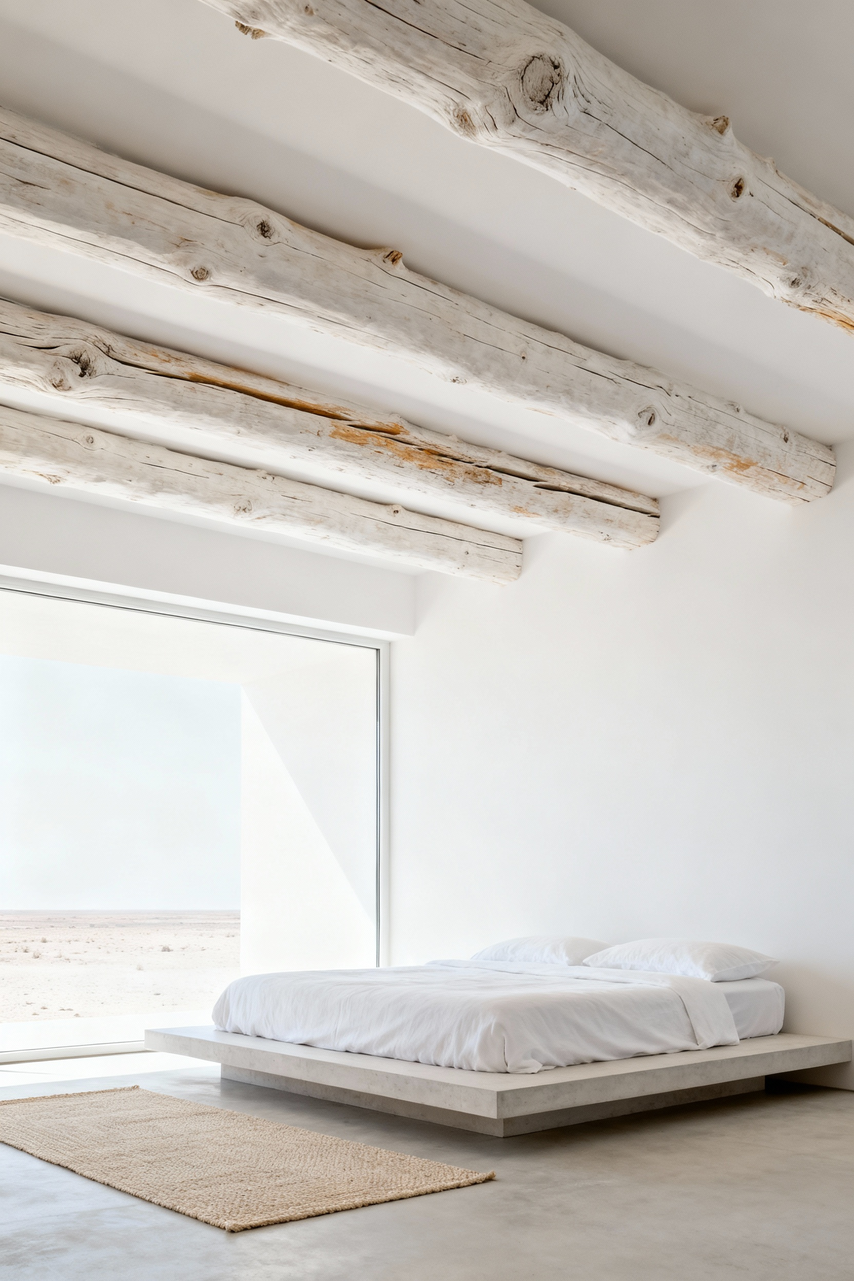 A bright, high-key white bedroom featuring exposed raw timber ceiling beams that have been bleached to a pale driftwood tone, offering structural contrast against the matte white walls.