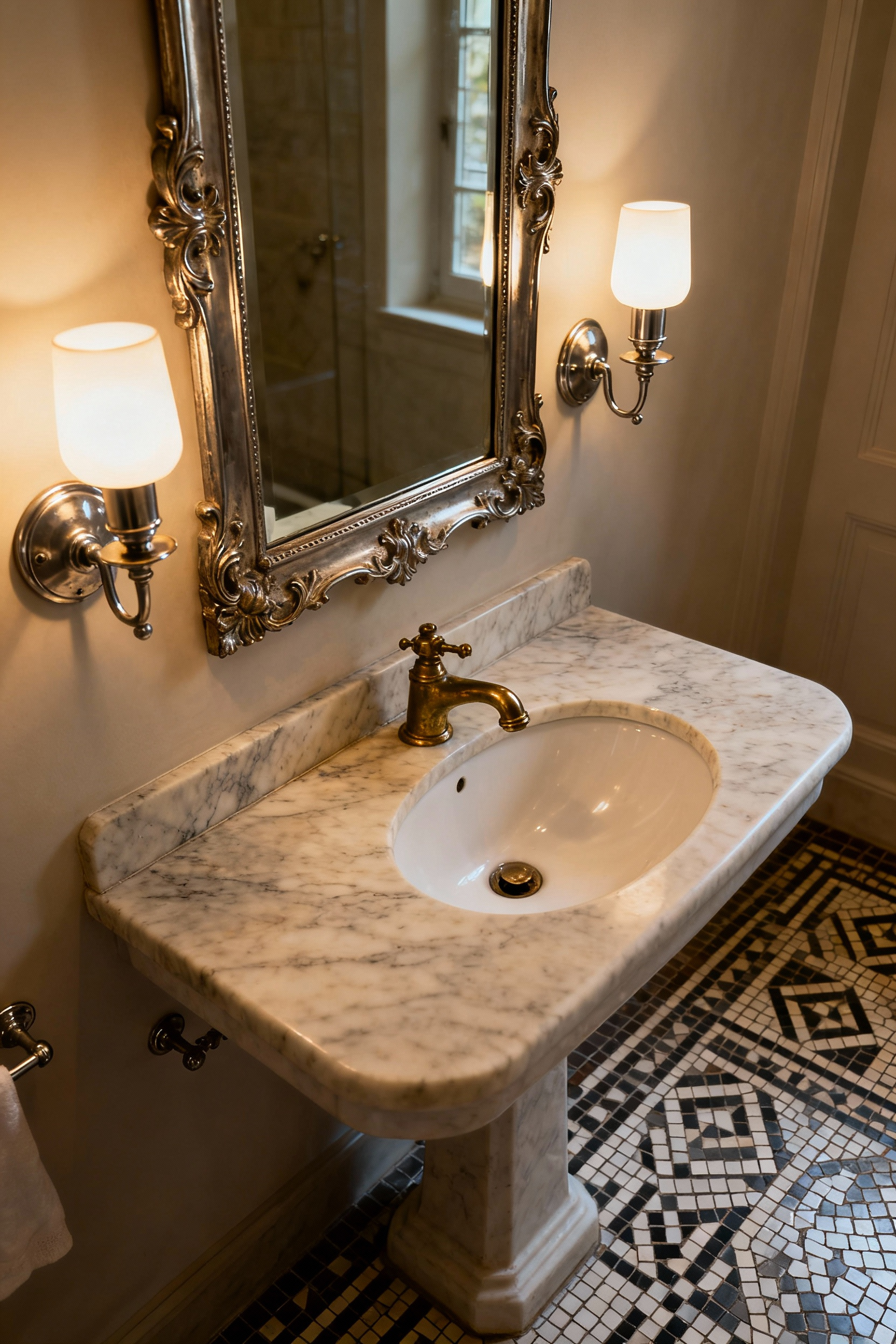 A detailed shot of a vintage bathroom featuring a burnished brass faucet, aged nickel wall sconces, and an ornate aged nickel mirror, set against honed marble and mosaic tiles under soft natural light.