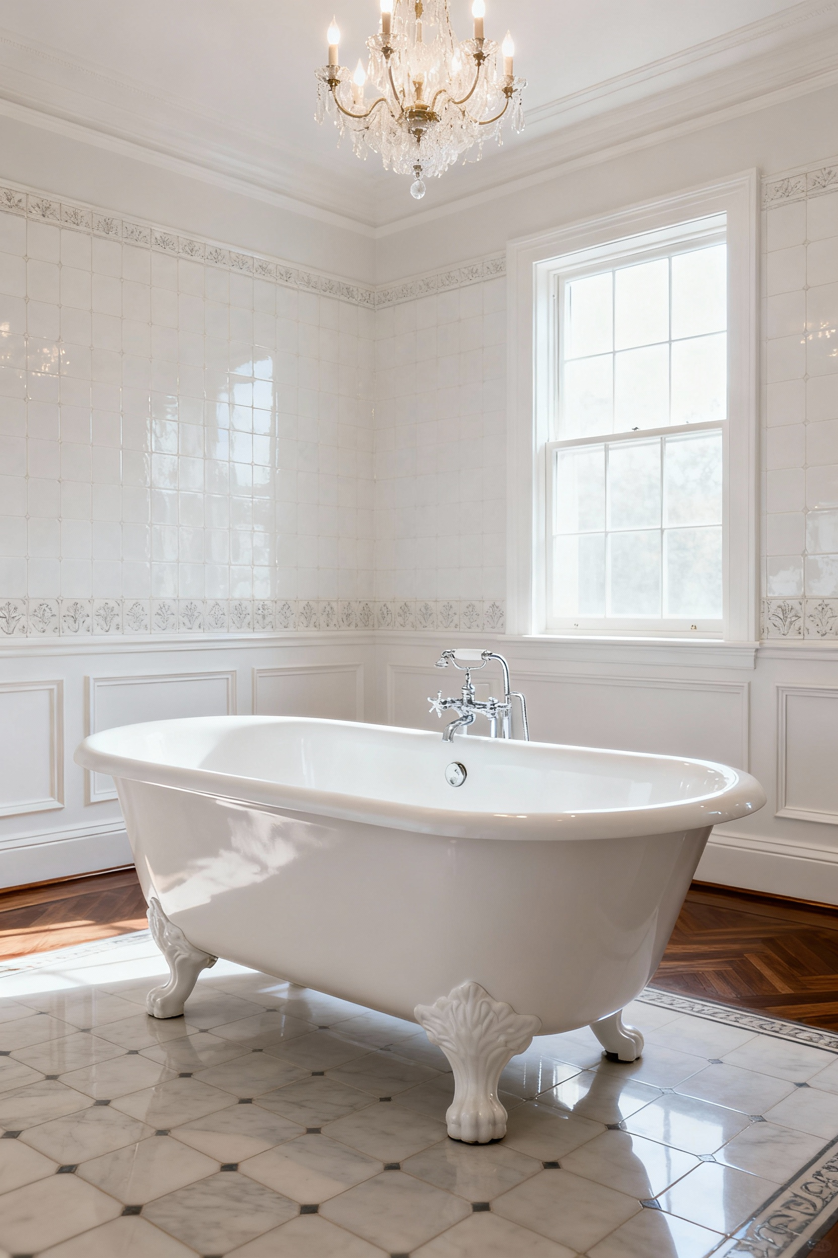 A centrally placed white clawfoot bathtub in a spacious, elegantly decorated vintage bathroom, acting as the main focal point with abundant natural light and refined finishes.