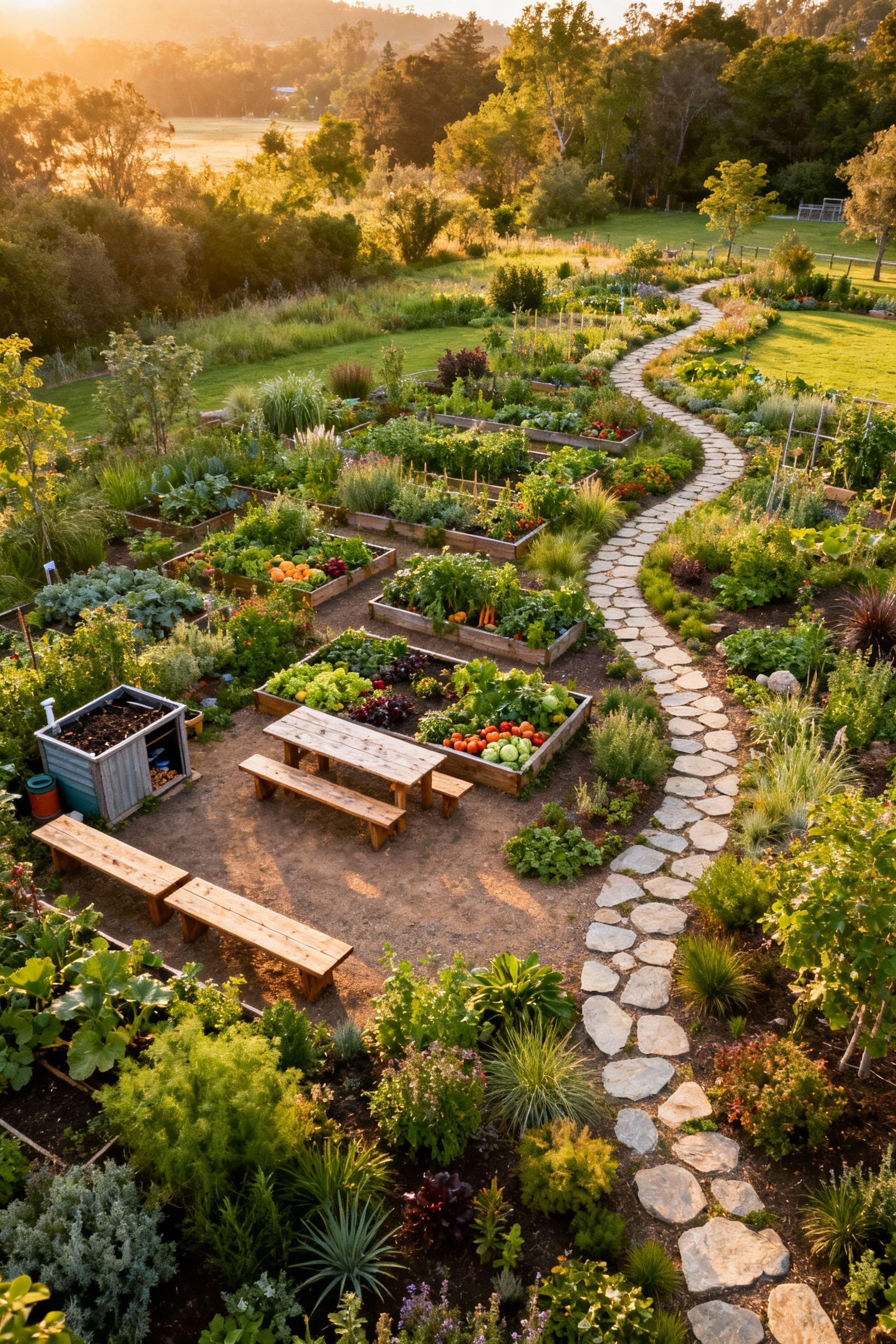 A lush, biodiverse community green space featuring edible gardens, native plants, and communal seating areas under golden hour light, symbolizing community resilience and knowledge sharing.