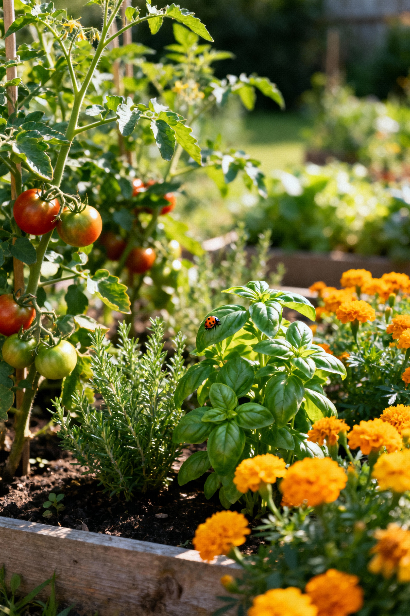 A vibrant edible garden showcasing companion planting techniques, with healthy tomato plants, basil, and marigolds intermingled, and a beneficial ladybug visible on a green leaf.