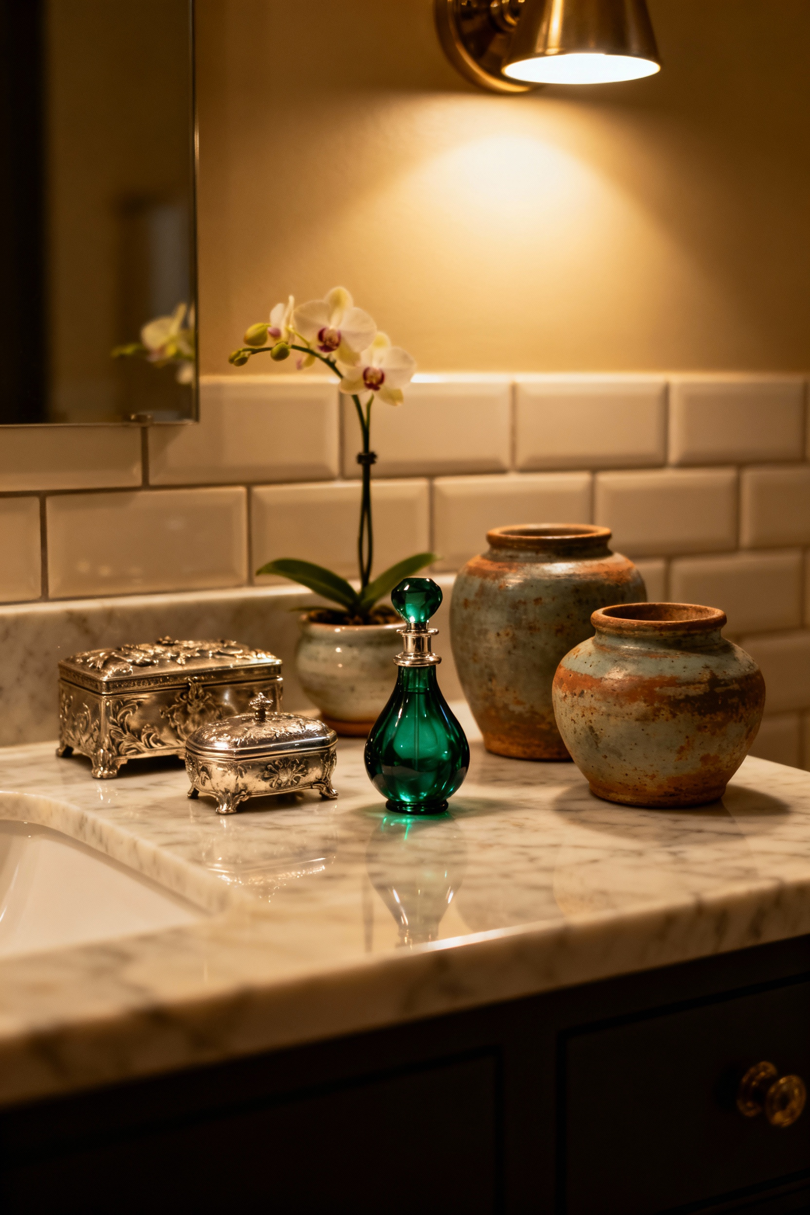 A meticulously arranged curated vignette featuring antique silver trinket boxes, a Murano glass perfume atomizer, and glazed earthenware apothecary jars on a vintage bathroom vanity, softly lit.