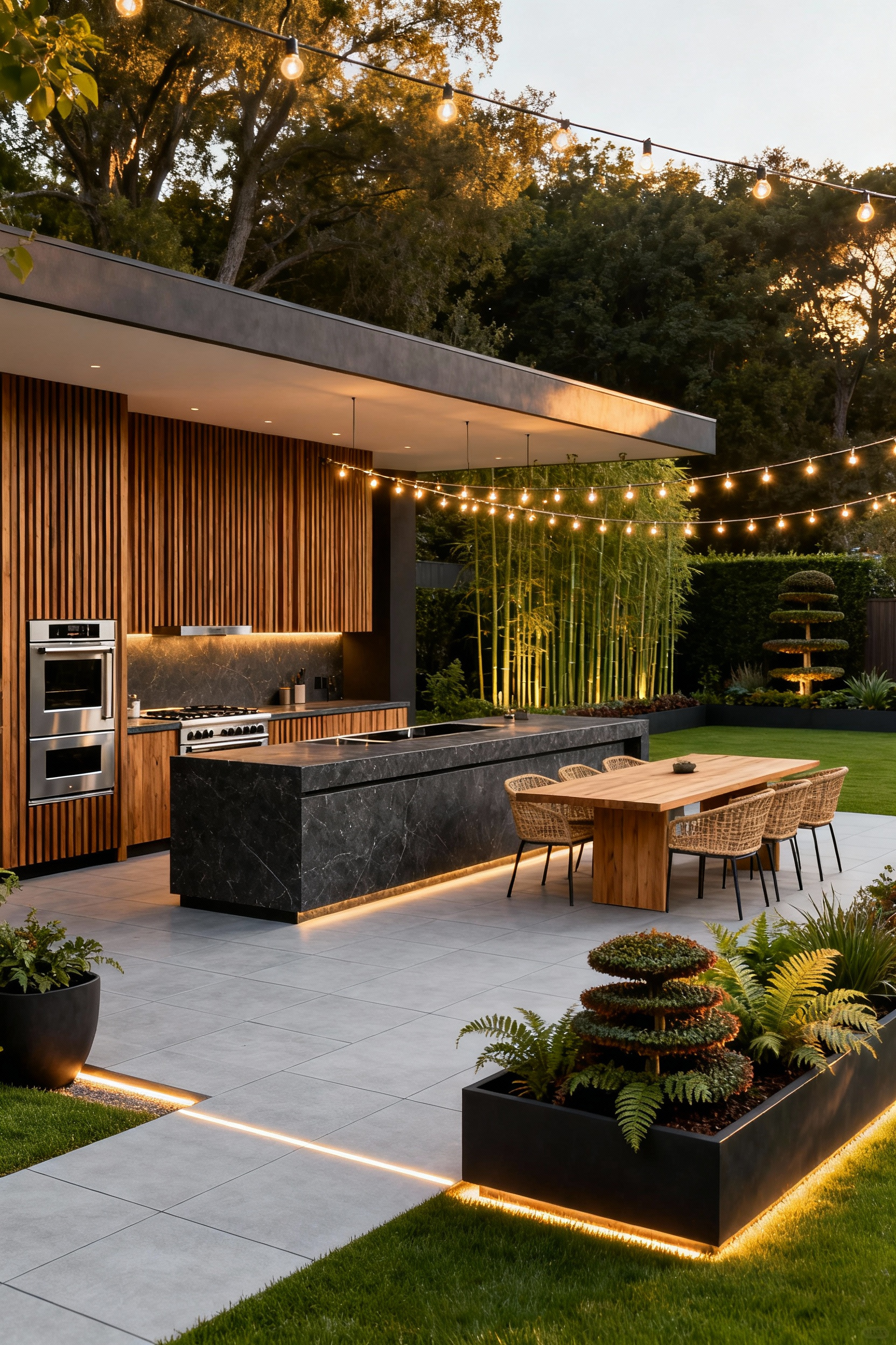 Luxurious outdoor kitchen and dining room extension featuring dark stone countertops, wood siding, and minimalist string lighting during golden hour, emphasizing the garden as a curated living space.