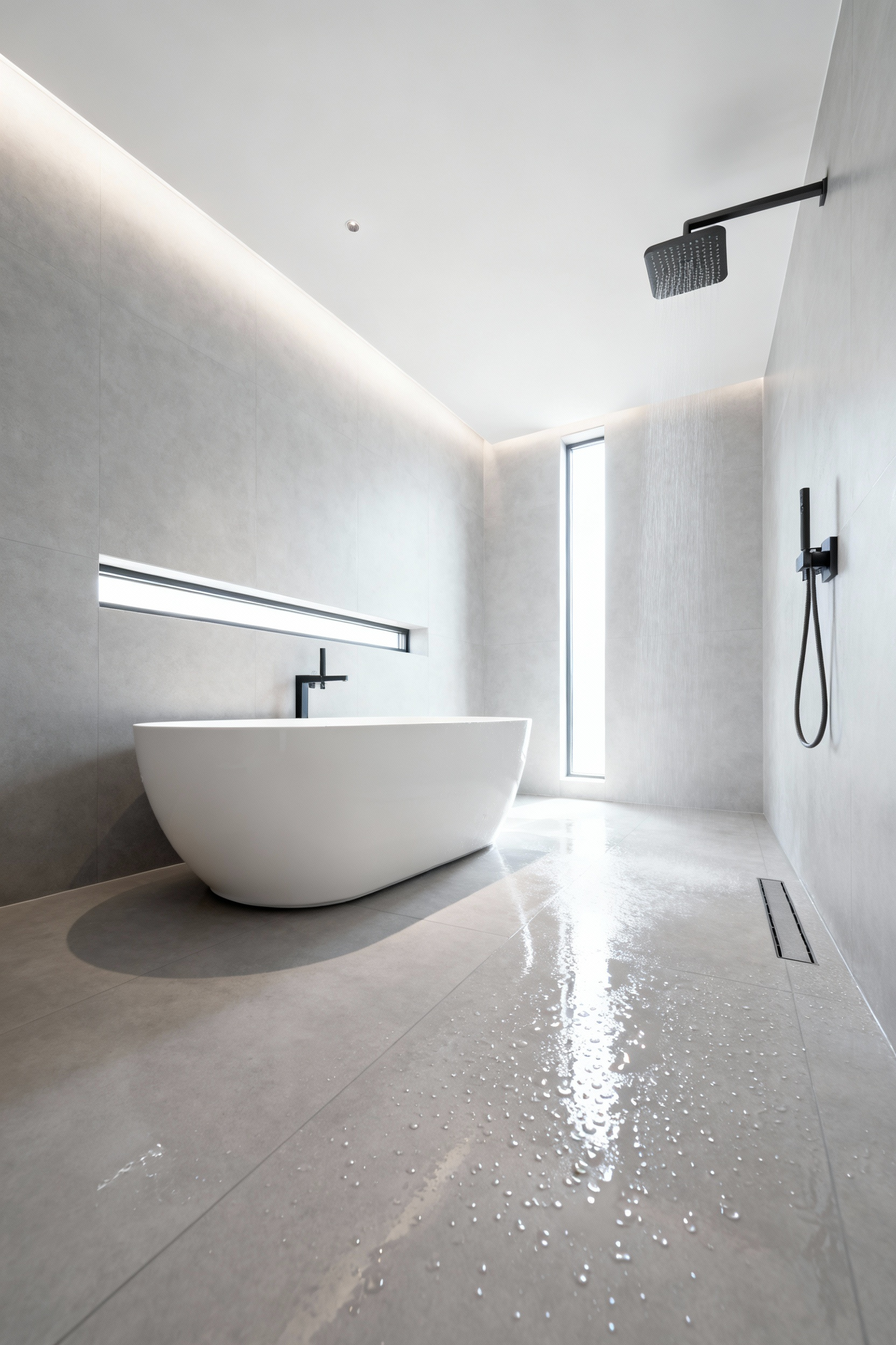 A wide-angle view of a modern, curbless wet room featuring continuous gray tile flooring, a minimalist rainfall shower, and a deep, freestanding Japanese soaking tub, designed to maximize spatial flow.