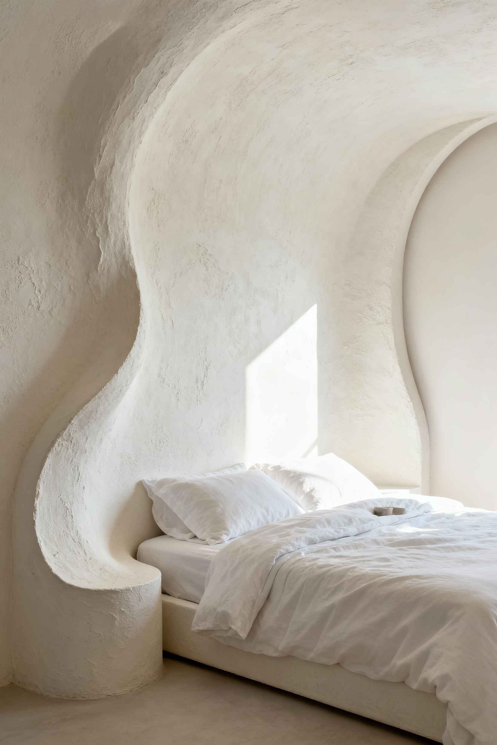 A modern, minimalist white bedroom featuring a monumental curved headboard made of textured limewash plaster, demonstrating architectural softness and enclosure.