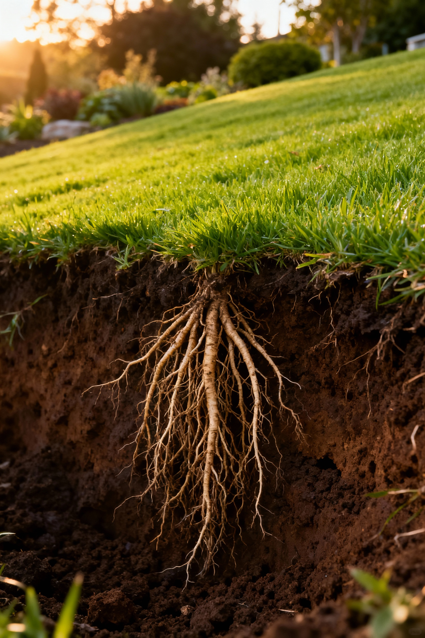 Vibrant, deep-rooted turf with a visible cross-section of soil showing healthy roots extending 24 inches down, illustrating drought resilience and the new standard for biologically sound lawns.