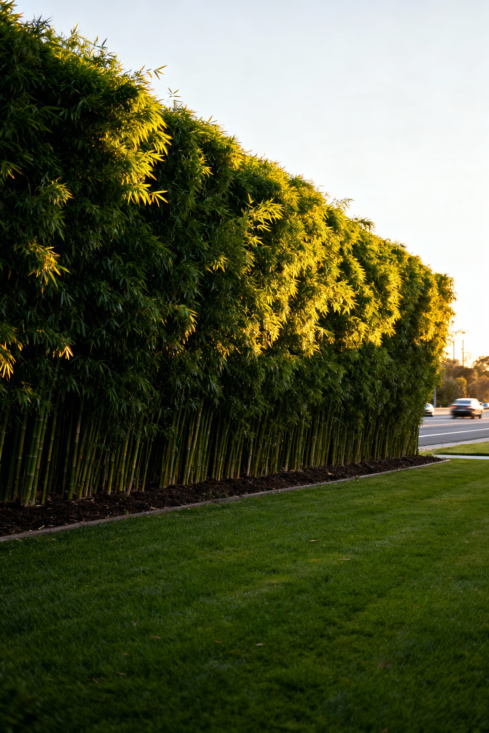A tall, dense wall of clumping bamboo planted strategically next to a busy suburban road, creating an effective acoustic buffer for the adjacent lawn garden.