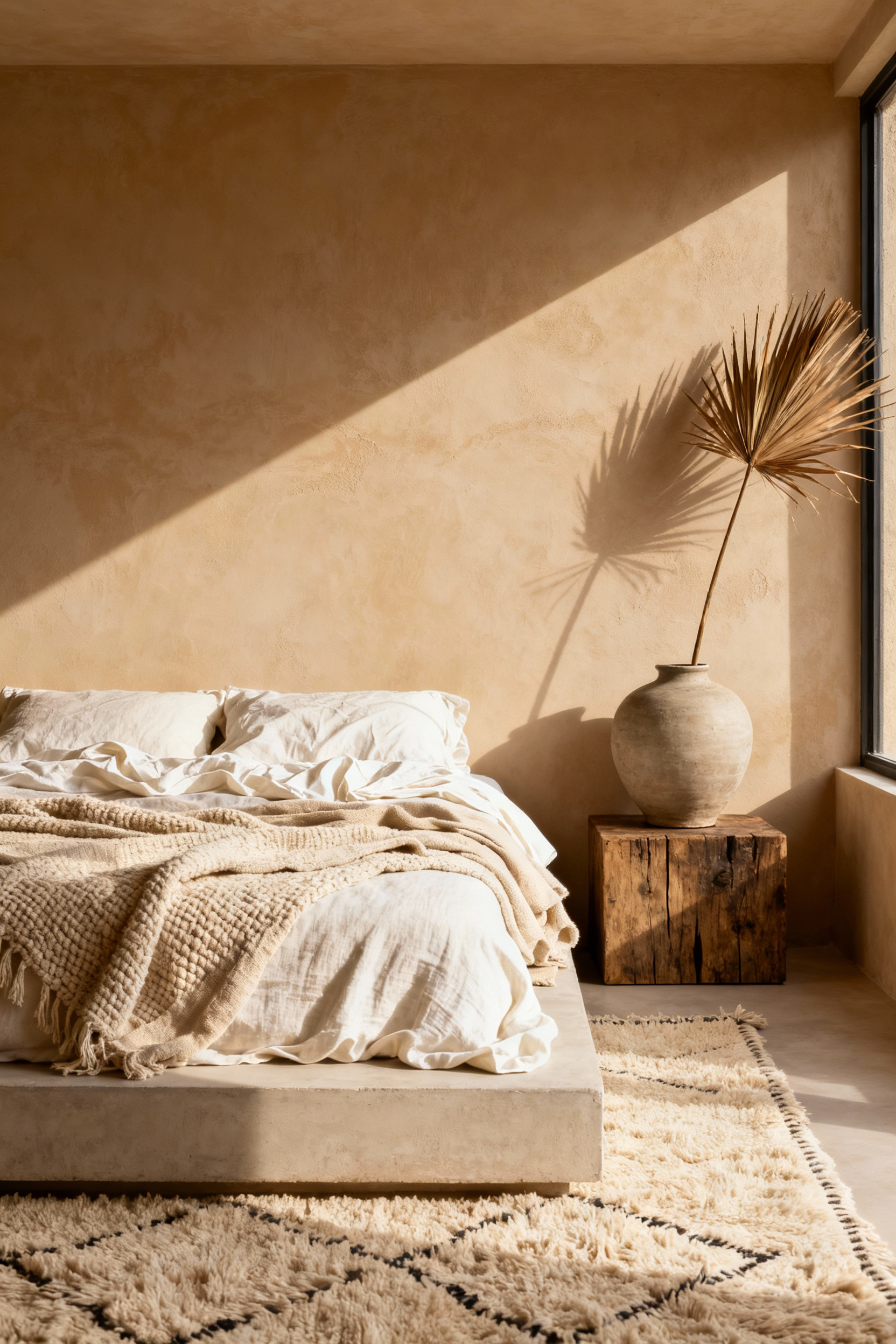 A highly textured, warm ivory and cream desert-modern bedroom featuring layered unbleached linen and a sculptural woven rug, illustrating relaxing white bedroom ideas that prioritize texture over bleach-white paint.
