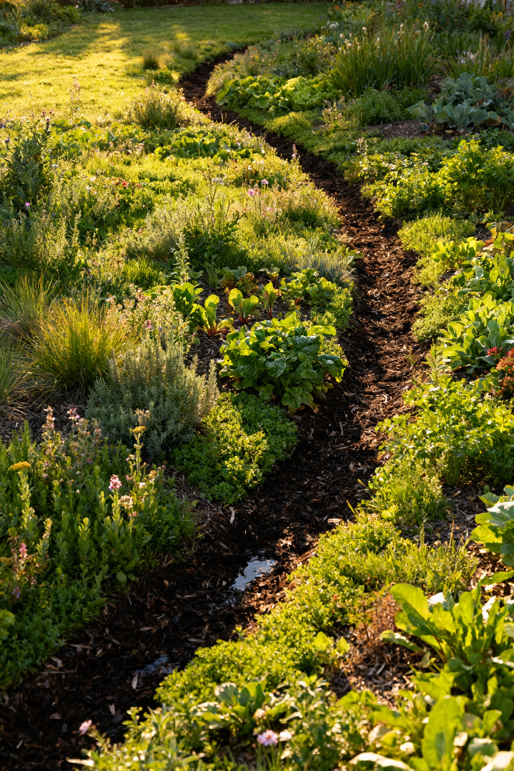 A vibrant, resilient living lawn garden designed for dynamic adaptation, showcasing diverse native and climate-adapted plants, healthy soil with mulch, and subtle natural water management features under soft, warm sunlight, illustrating ecological resilience and innovation.