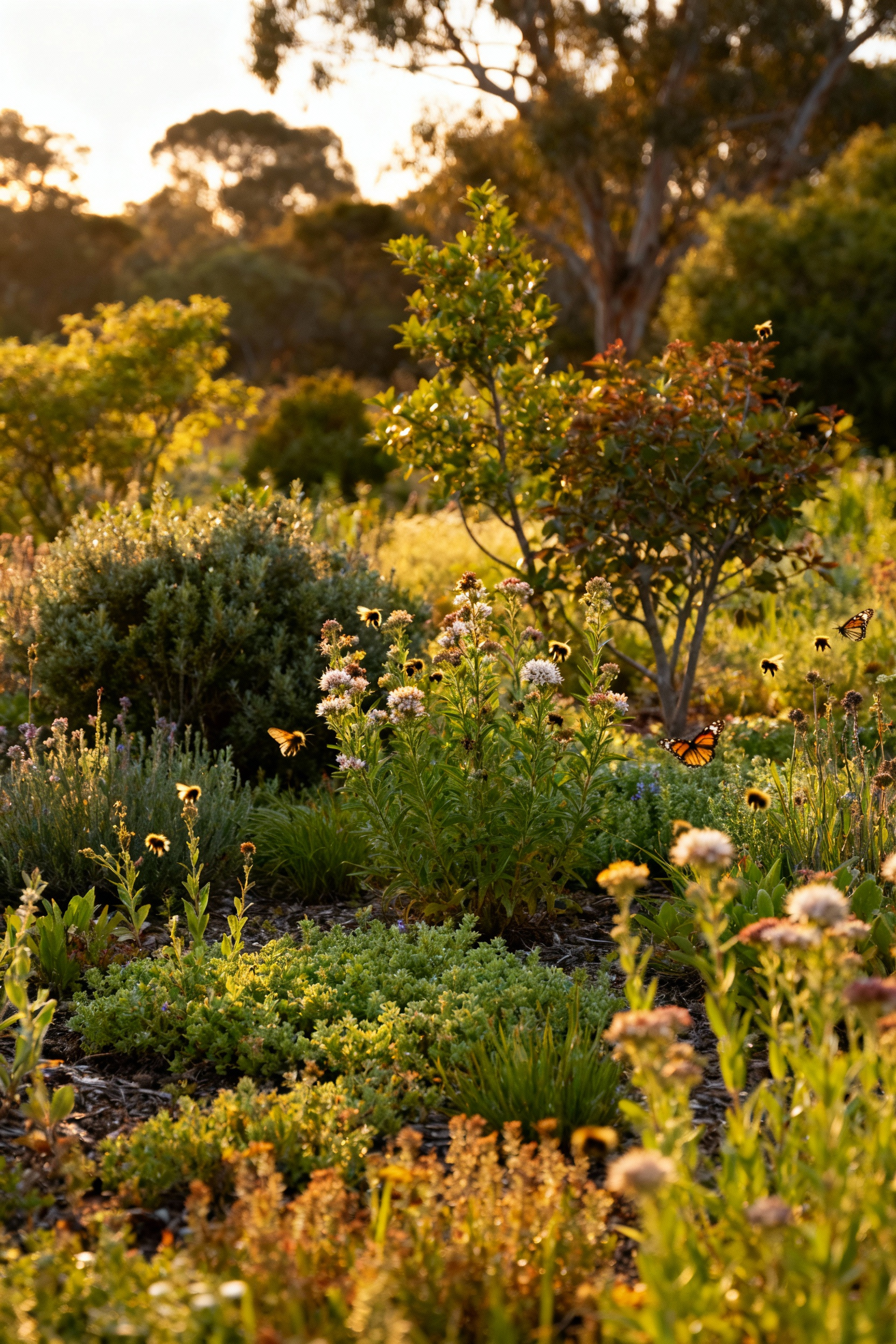 A lush, layered ecological garden teeming with native plants and diverse wildflowers, attracting various pollinators like bees and butterflies, showcasing a thriving wildlife habitat.