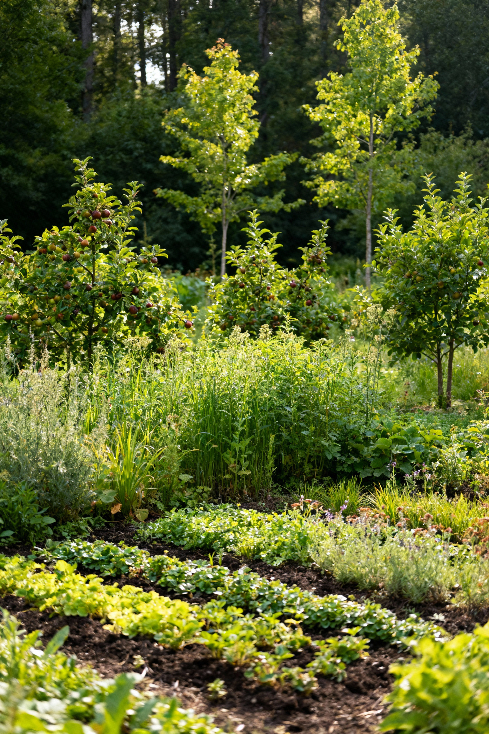 A multi-layered regenerative garden showing different stages of ecological succession, from groundcover to young trees, under soft natural light, illustrating long-term garden design and natural evolution.