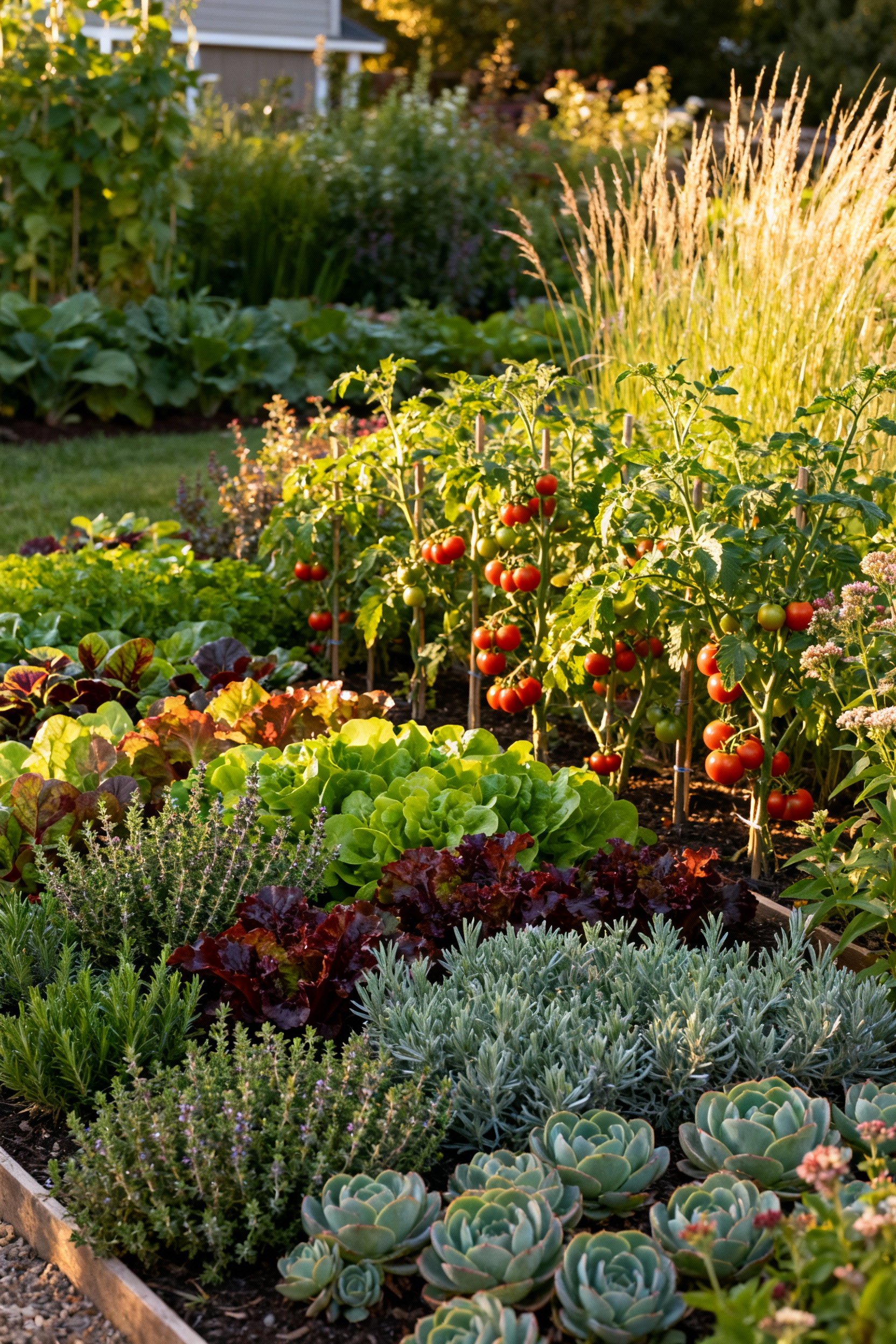 A lush home garden featuring culinary herbs and low-impact vegetables like tomatoes and leafy greens artfully integrated among ornamental plants such as succulents, grasses, and flowers, creating a diverse and productive landscape.
