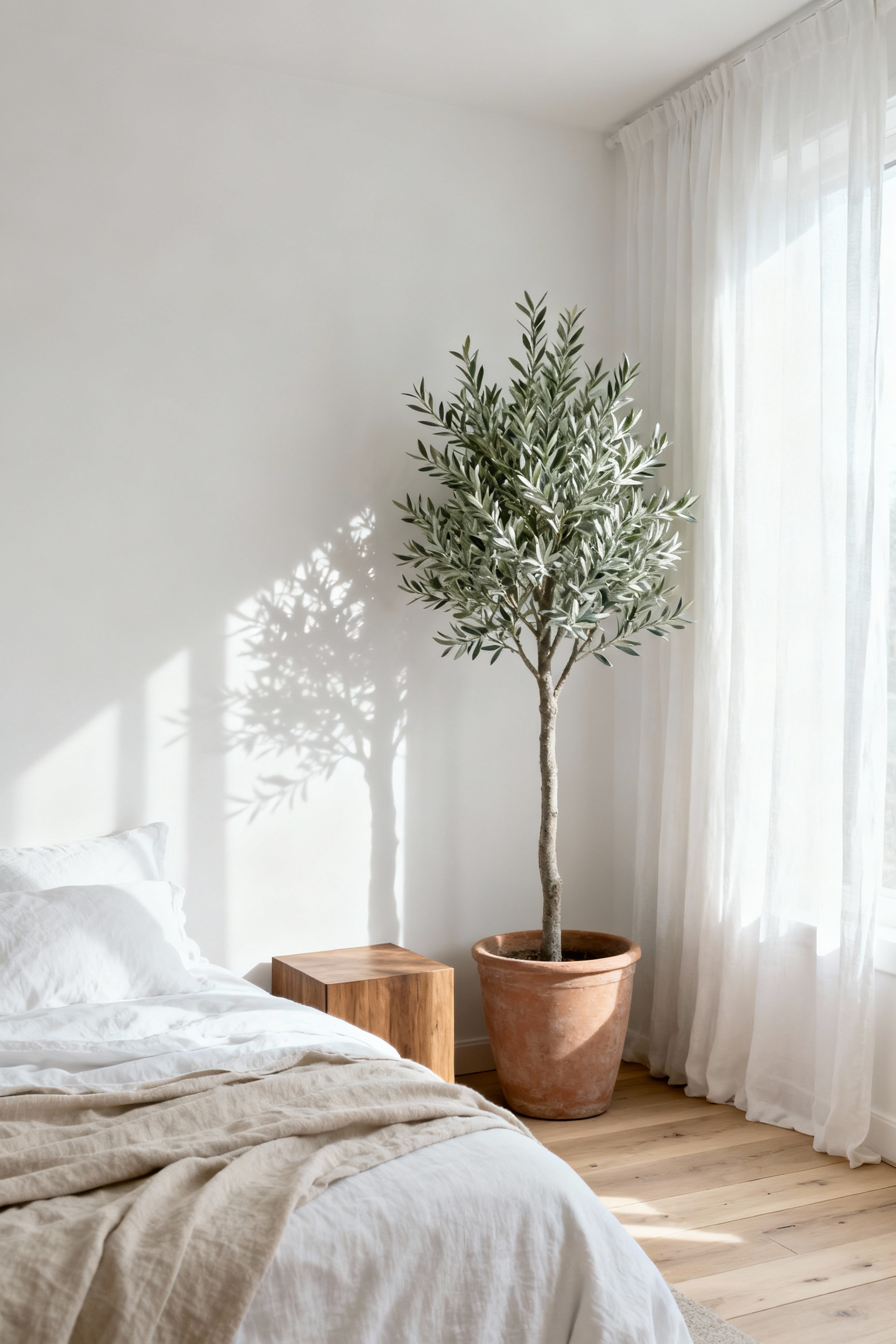 A serene, minimalist Scandinavian white bedroom featuring a large faux olive tree with silvery-green foliage in a terracotta pot, perfectly complementing the calming, low-contrast design palette.