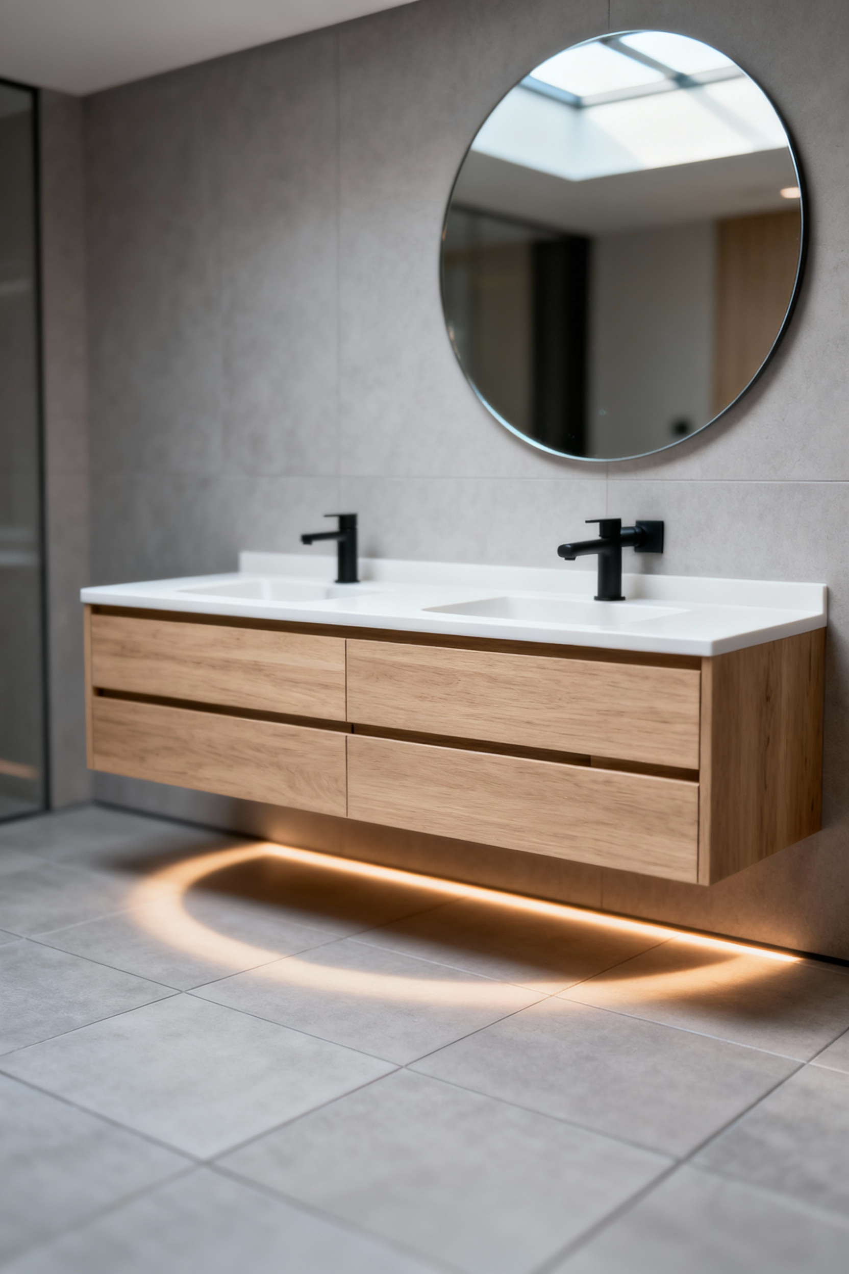 A sleek light oak floating vanity with handleless drawers suspended over continuous large format gray tile flooring in a compact, modern urban bathroom, demonstrating spatial weightlessness.