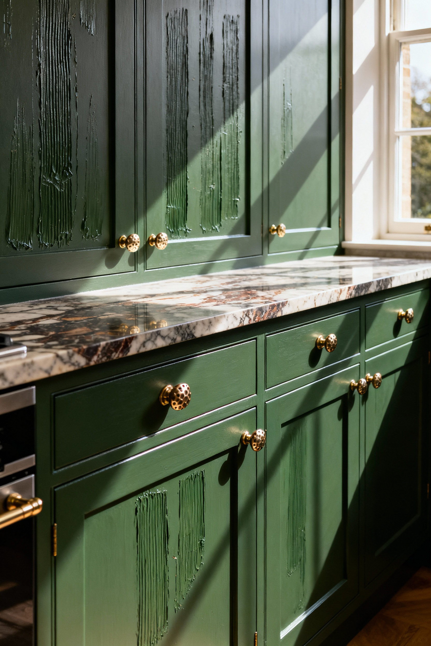 A full view of bespoke, traditional kitchen cabinets painted in deep forest green, featuring a visible hand-painted brushstroke texture highlighted by raking side light, conveying artisanal warmth and luxury.